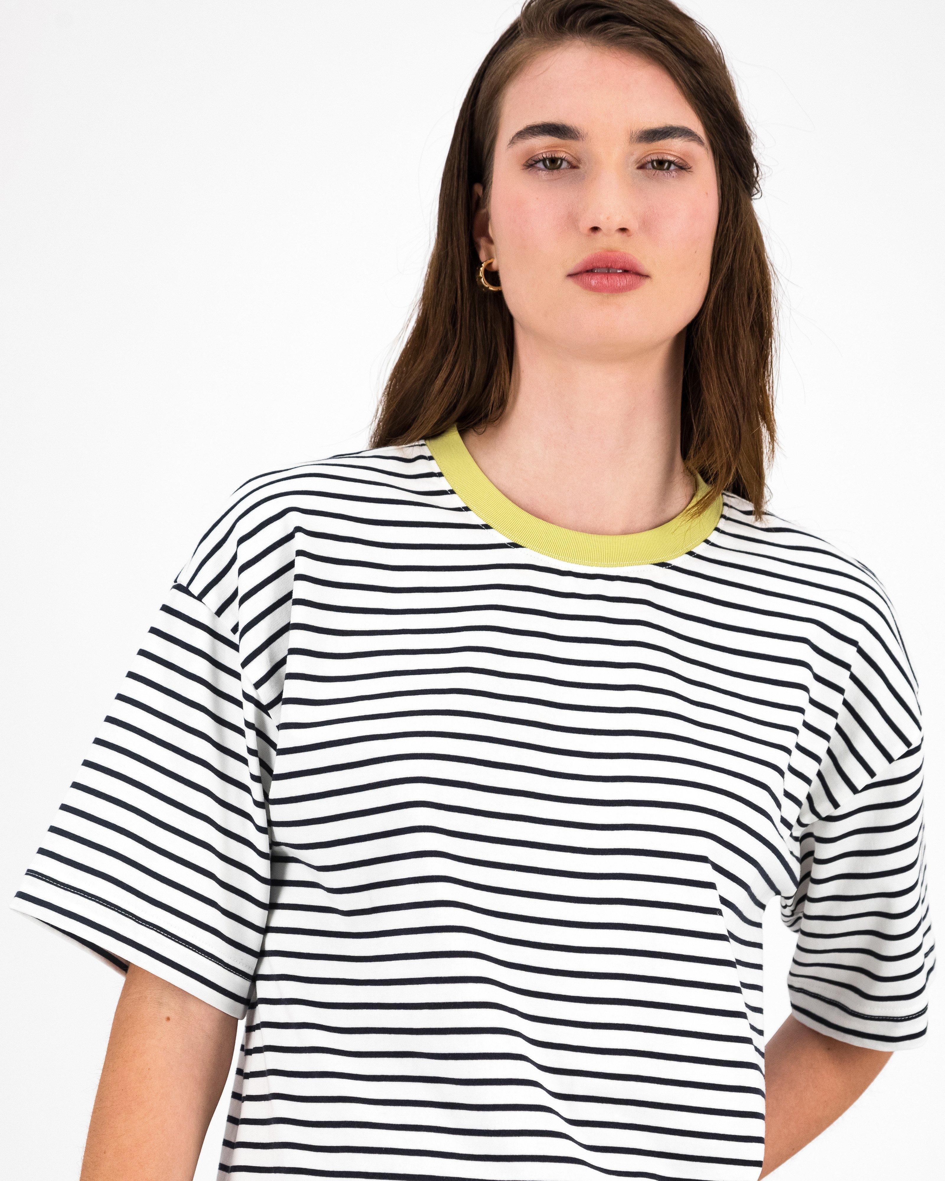 Bekah Stripe T-Shirt Contrast Neck -  Navy