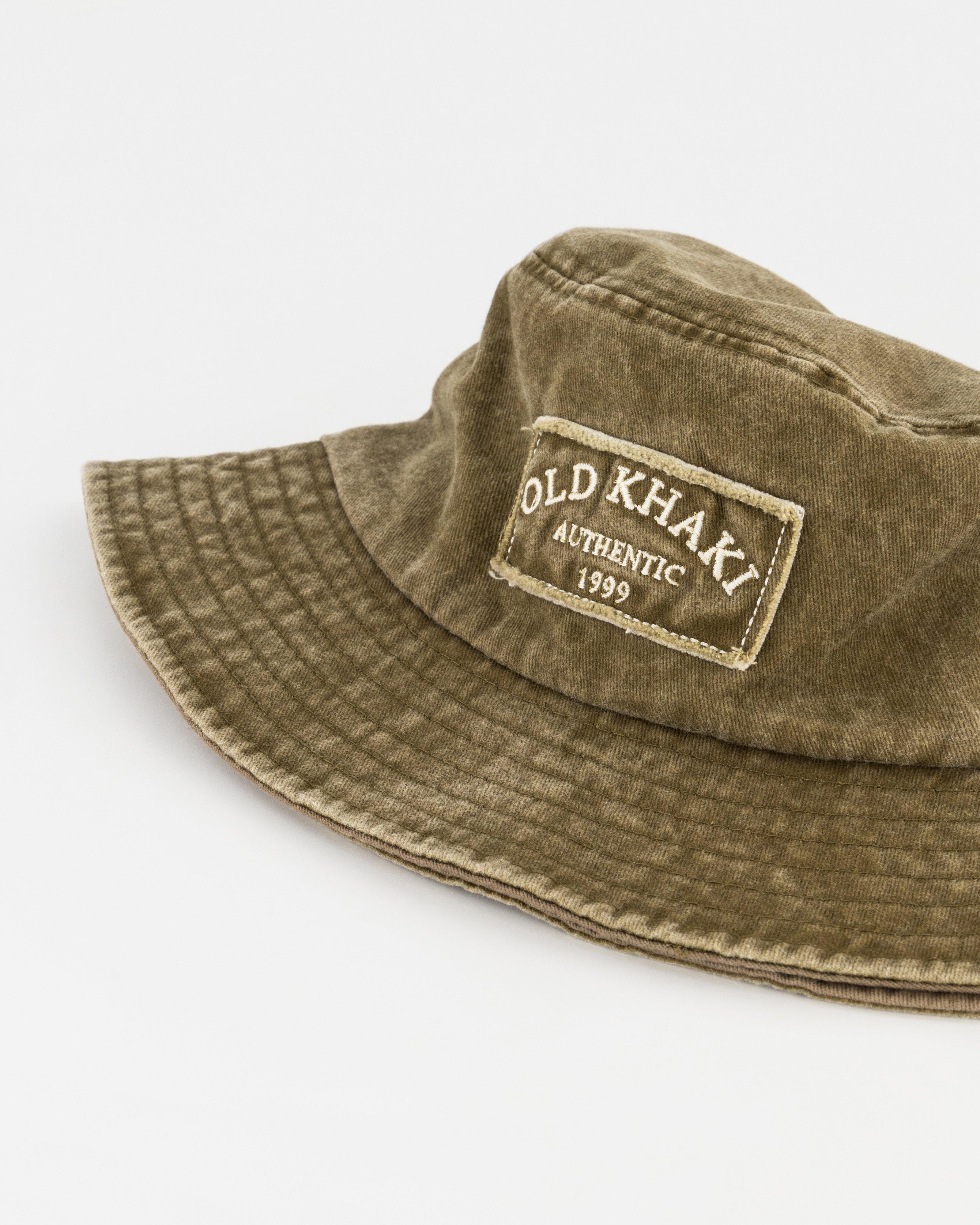 Old Khaki Gerault Frayed Badge Bucket Hat -  Stone