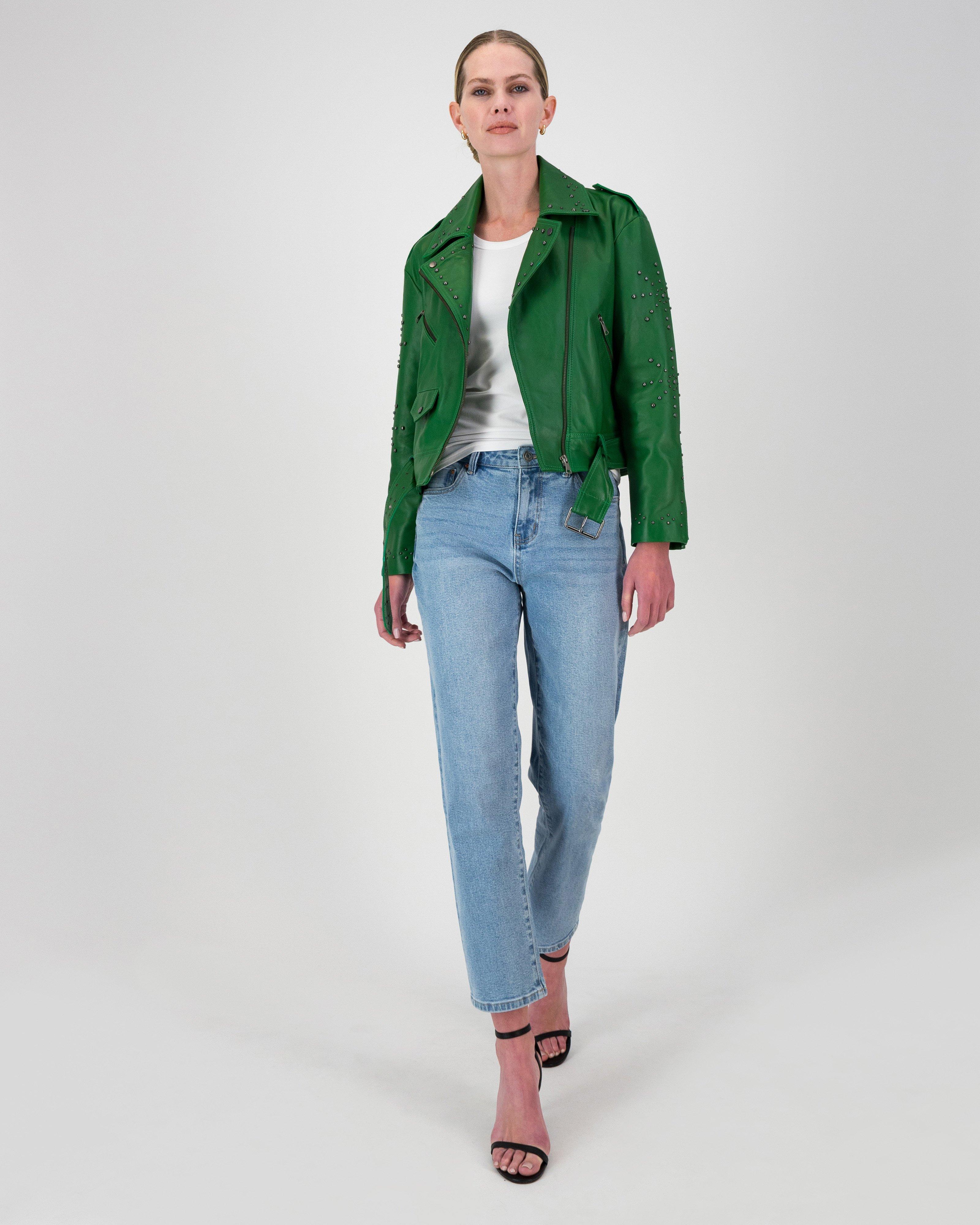 Leia Embellished Leather Jacket -  Green