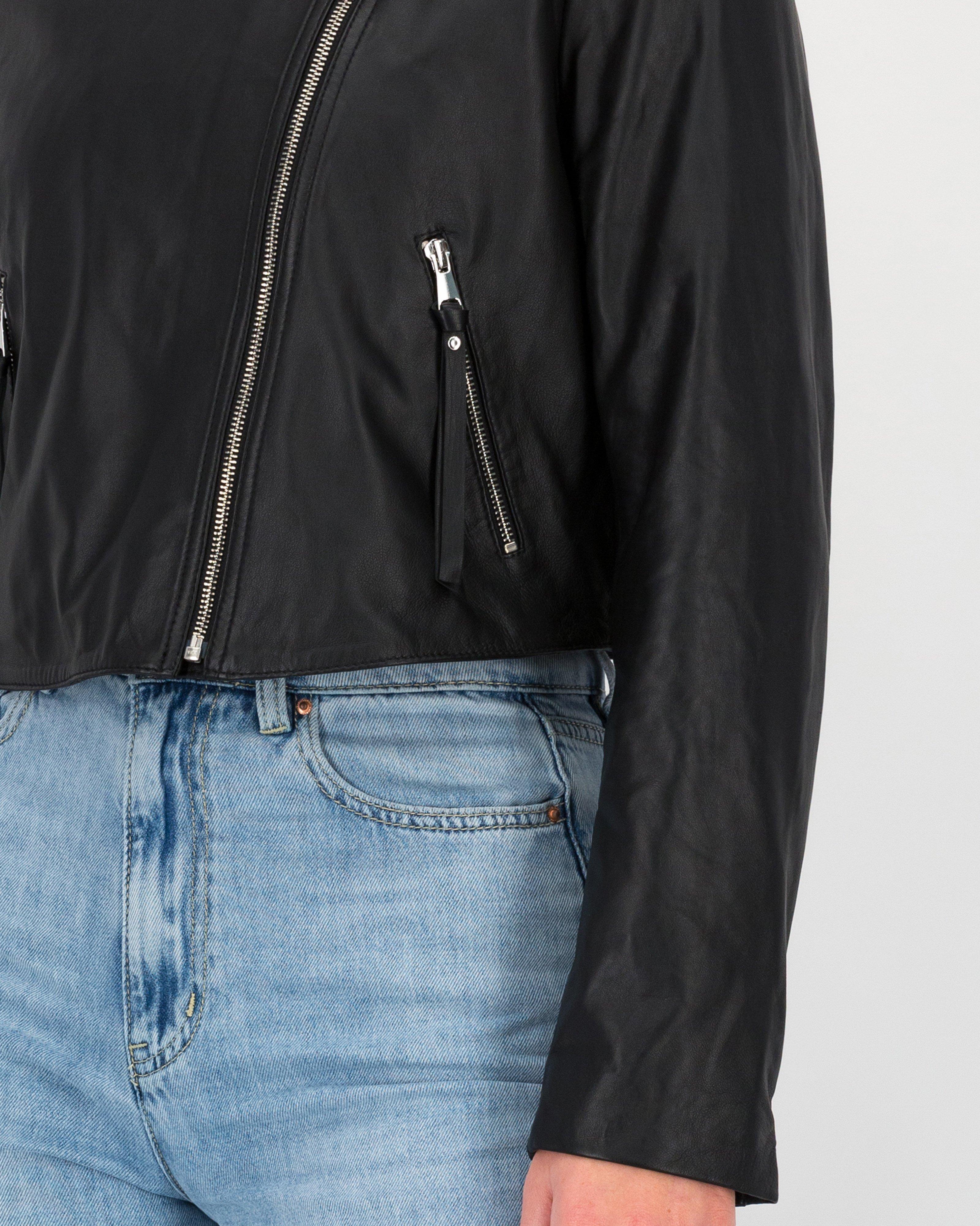 Marin Crop Leather Jacket -  Black