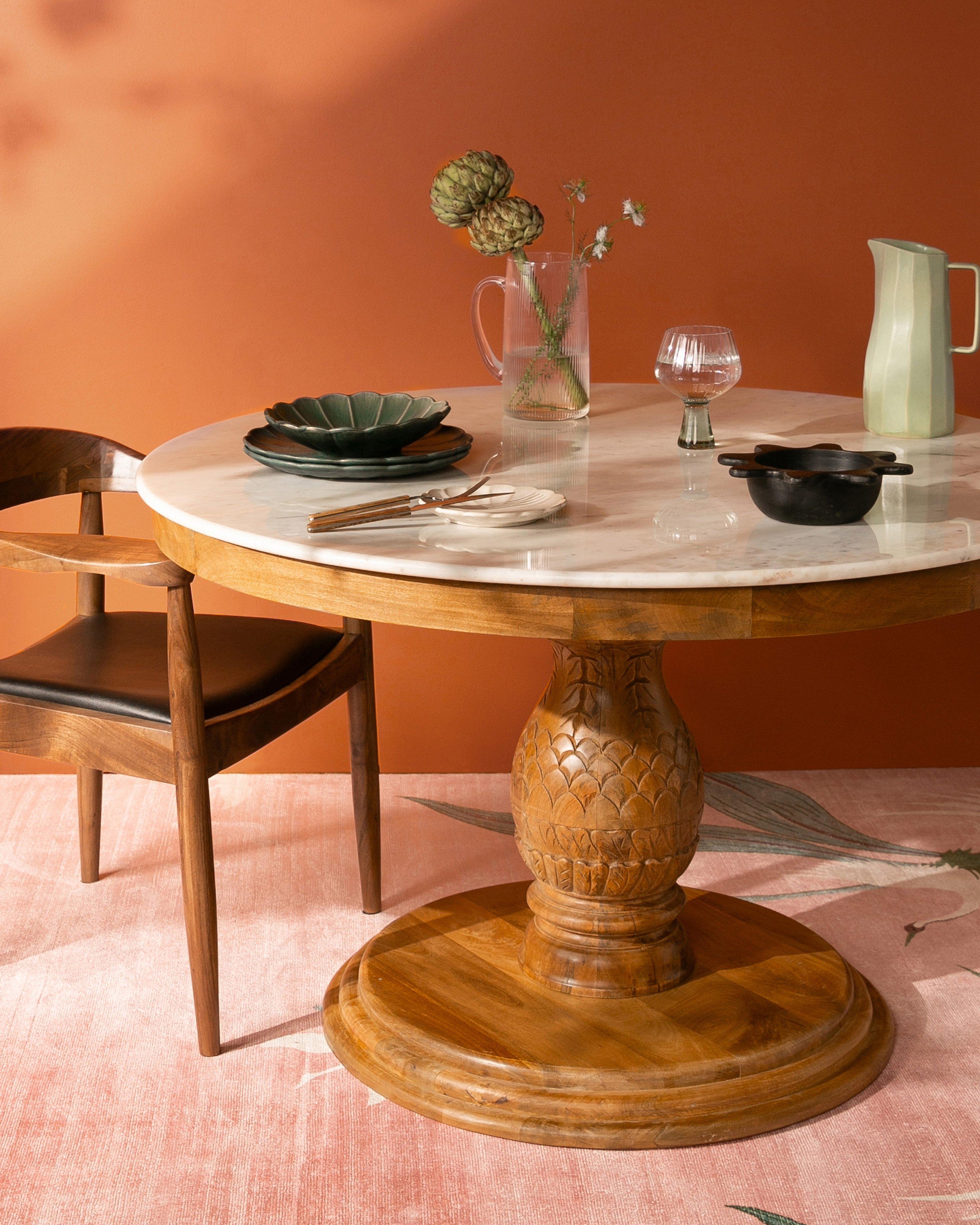  Carved 120cm Round Dining Table -  Brown