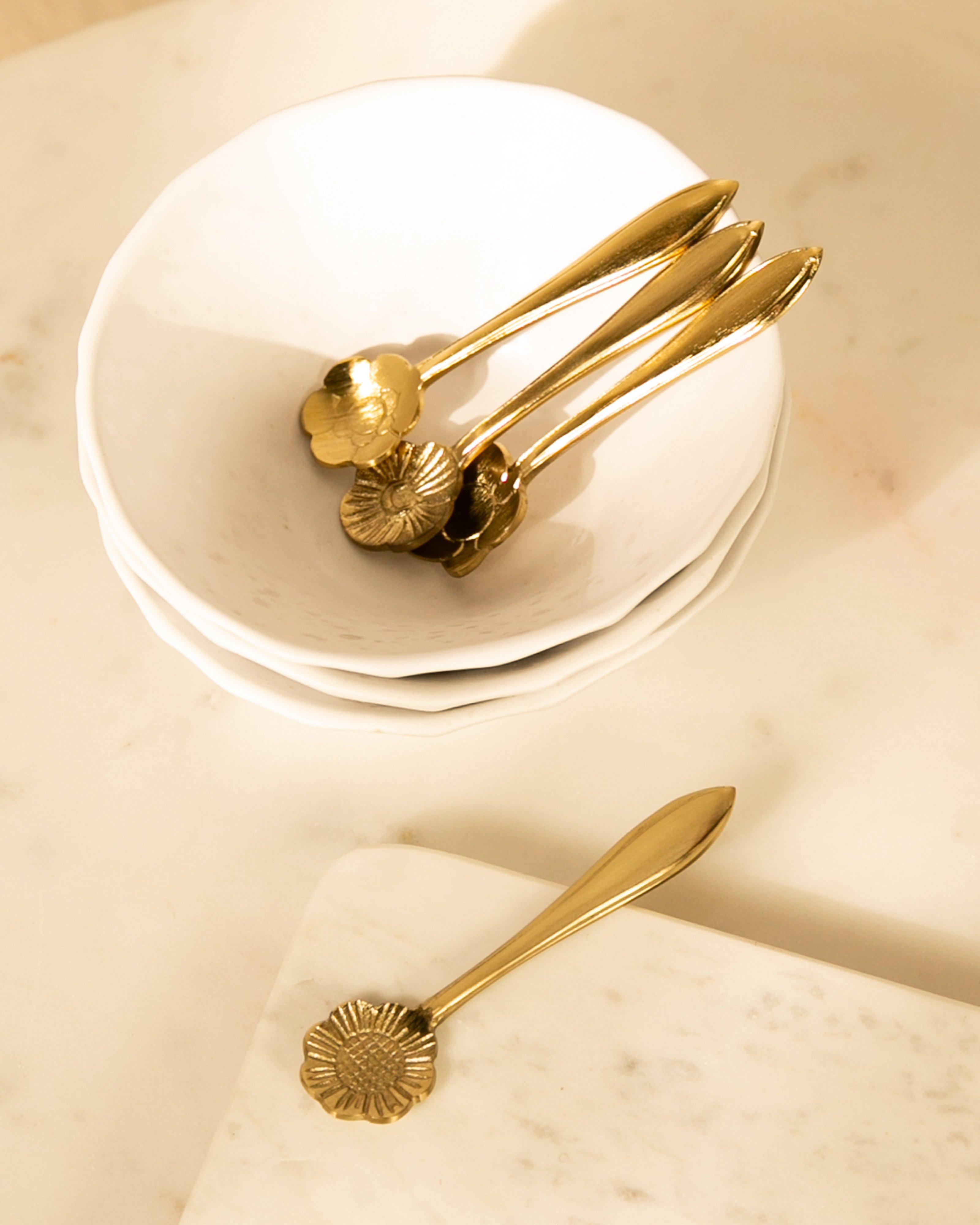 Flower Power Brass Dessert Spoon Set -  Gold