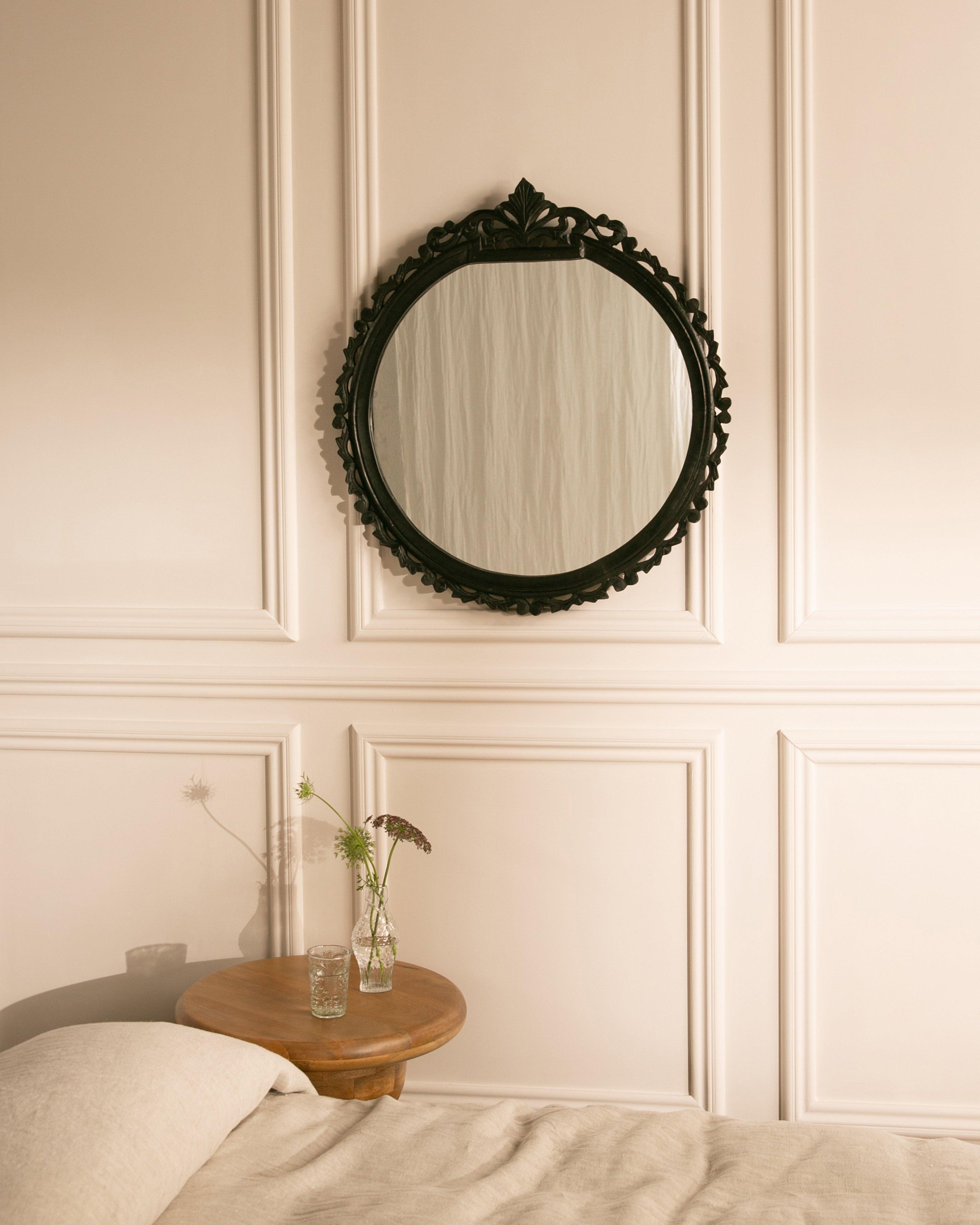 Regan Carved Round Mirror -  Black