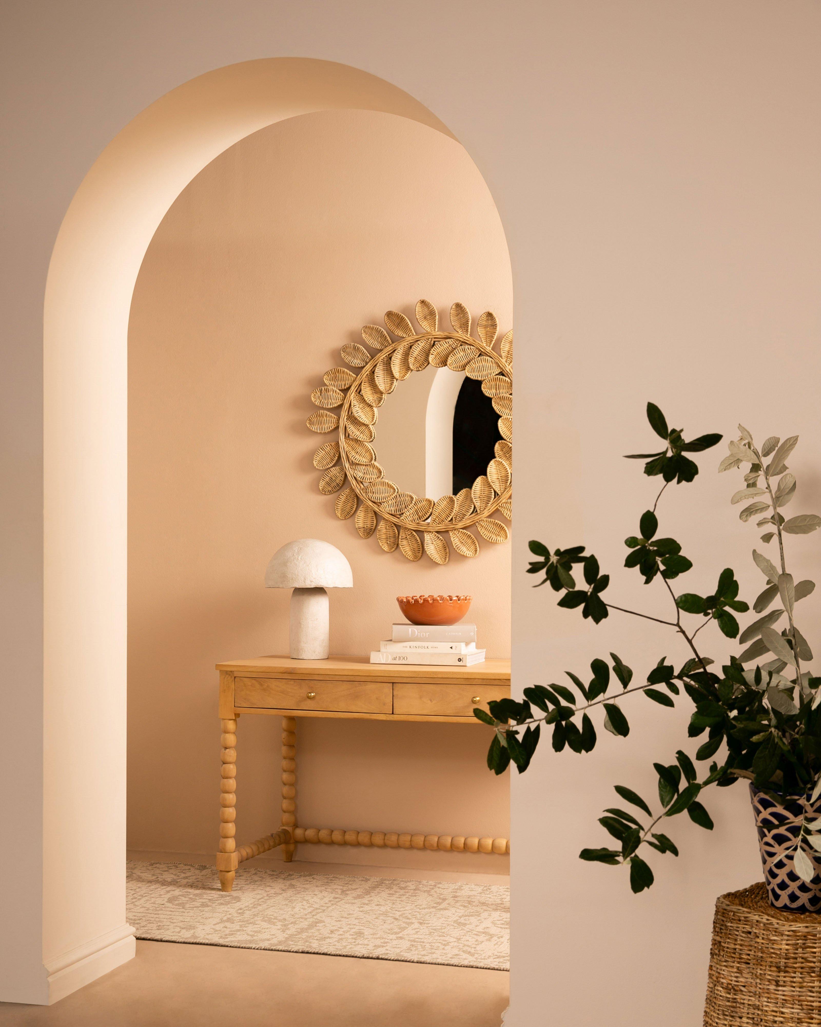 Round Leaf Rattan Mirror -  Brown