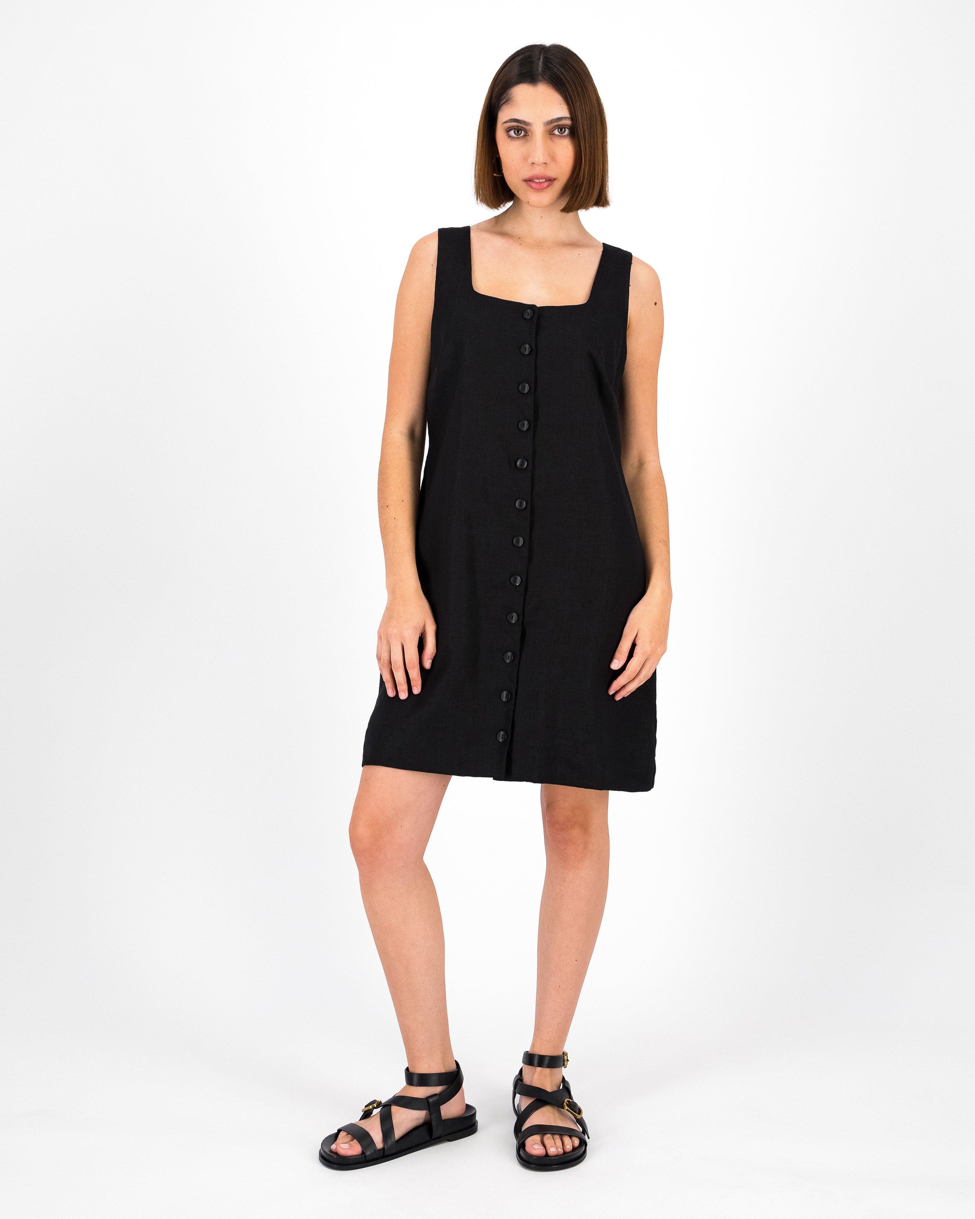 Fia Linen Short Dress -  Black