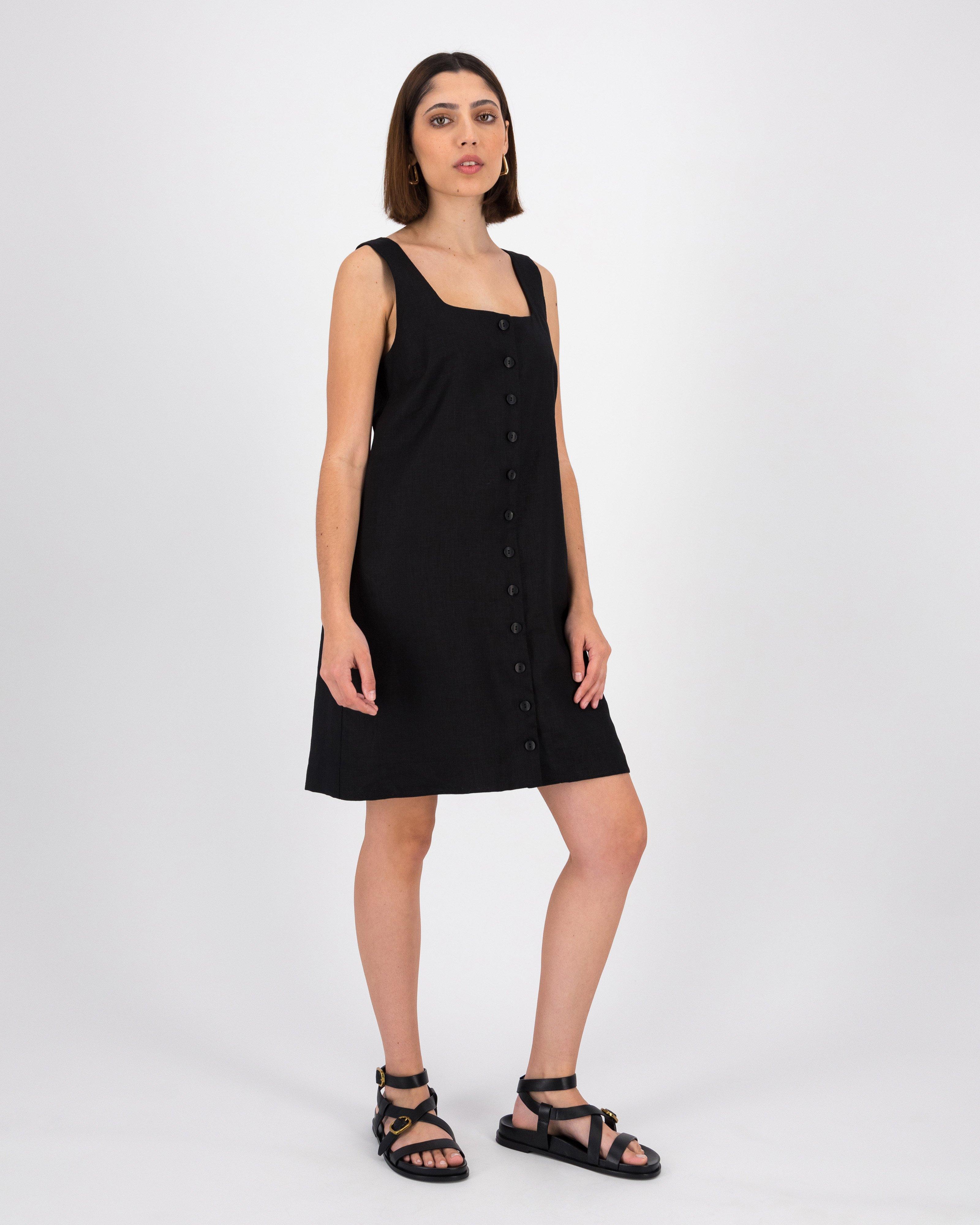 Fia Linen Short Dress -  Black