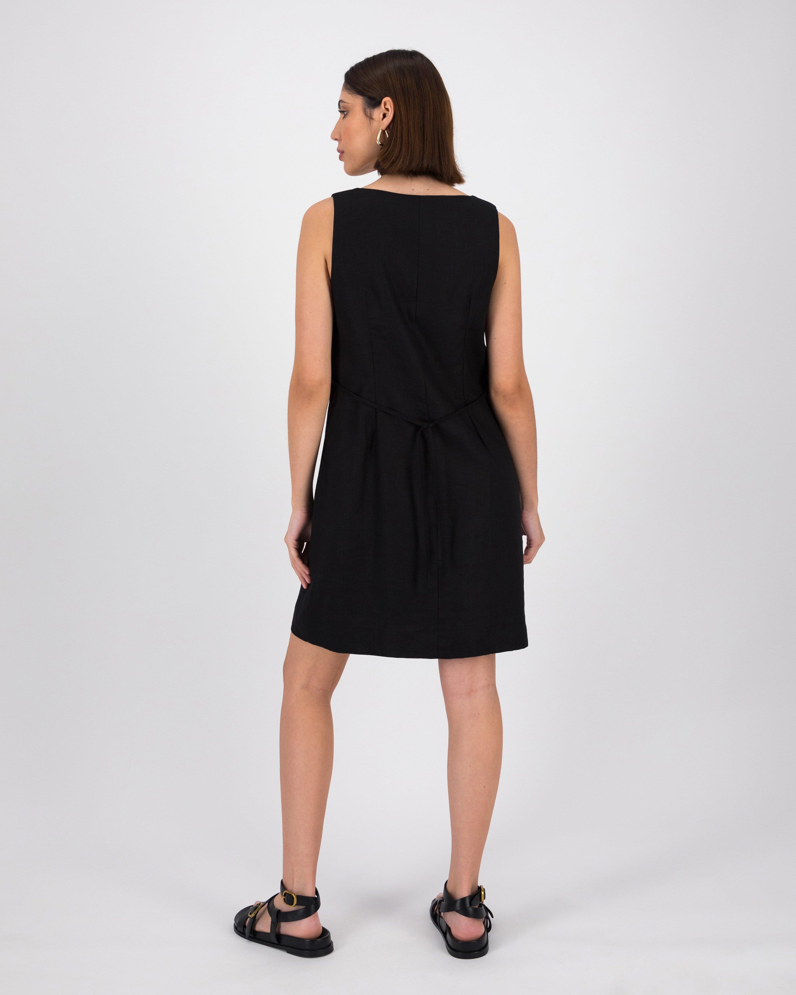 Fia Linen Short Dress -  Black