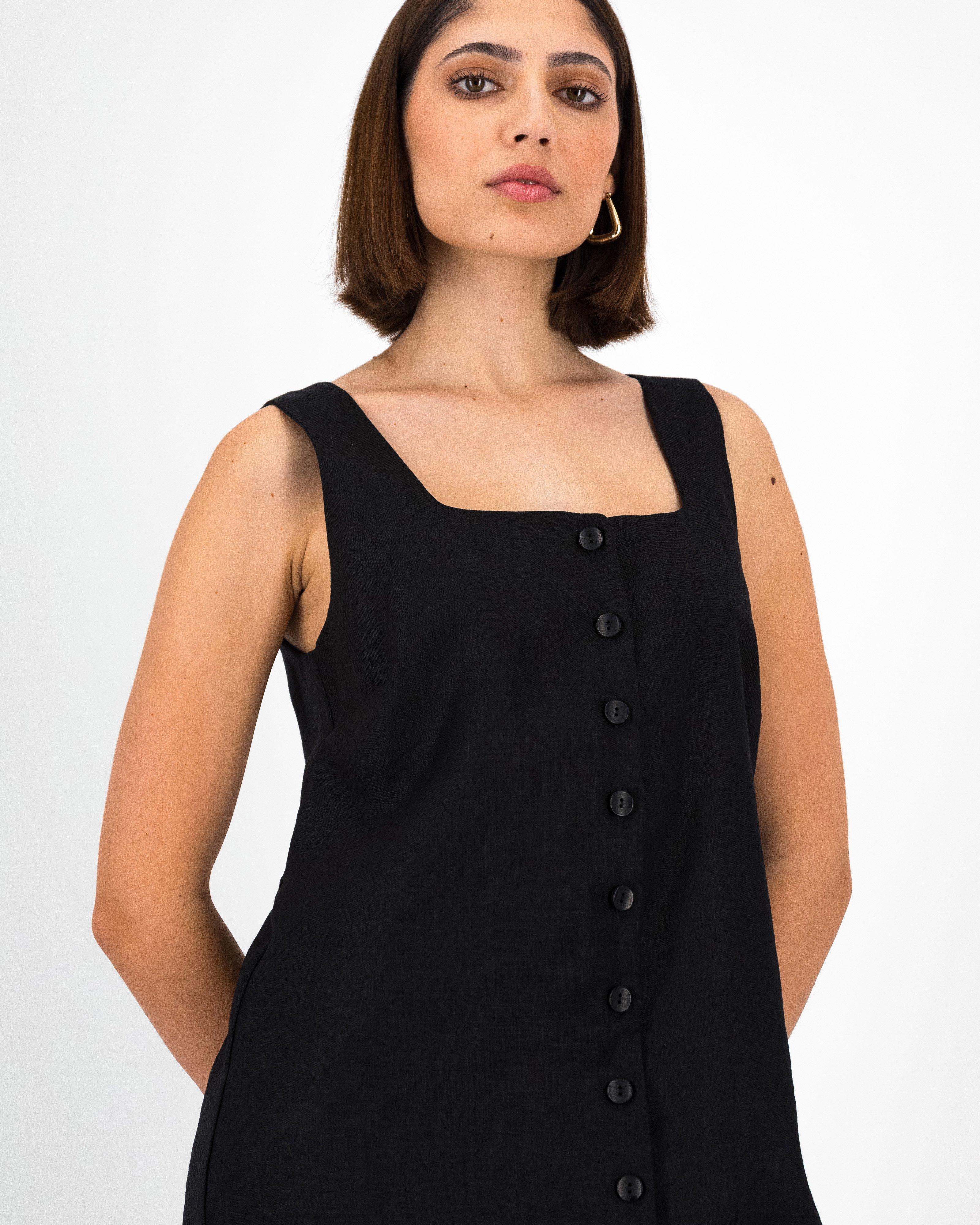 Fia Linen Short Dress -  Black