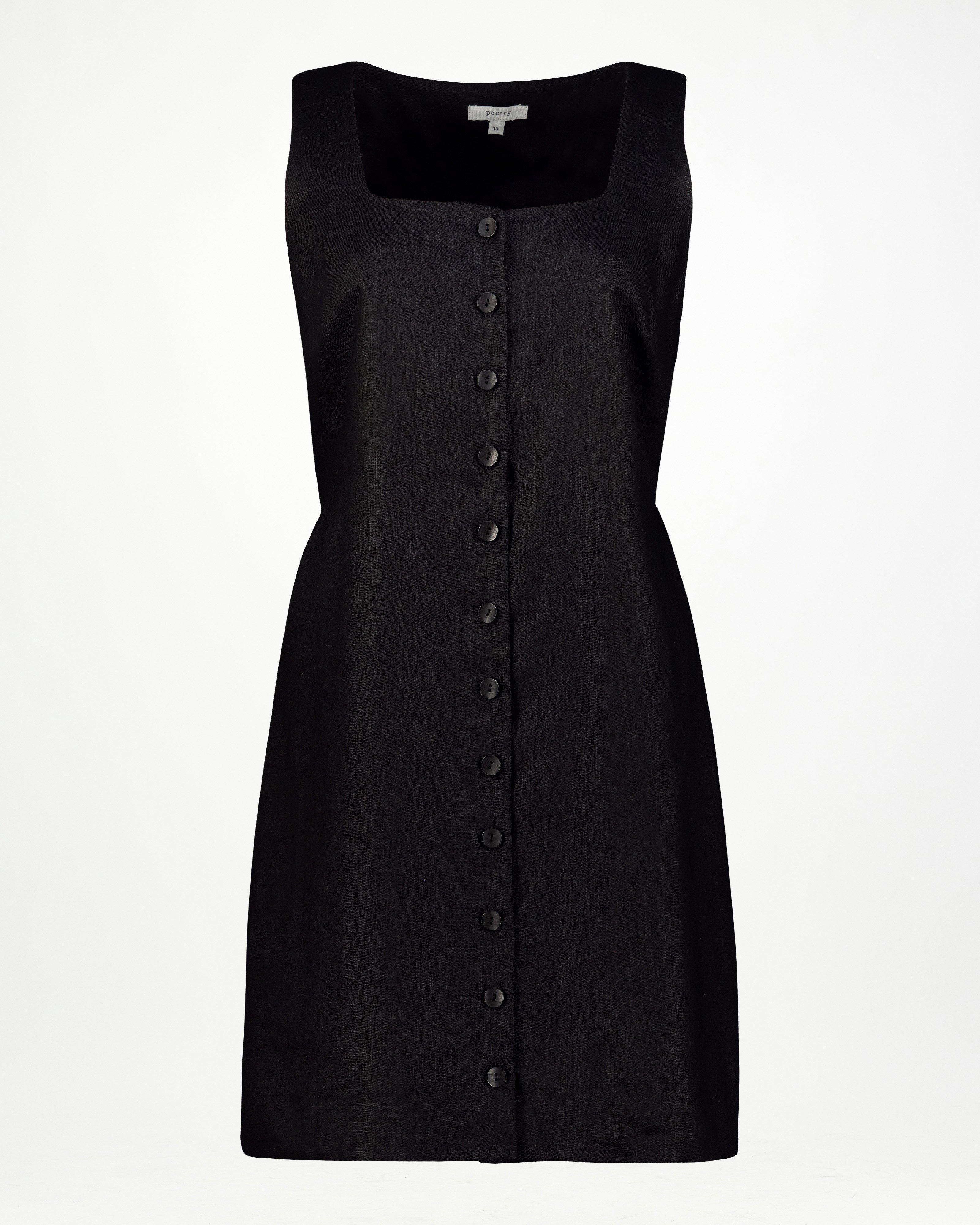 Fia Linen Short Dress -  Black