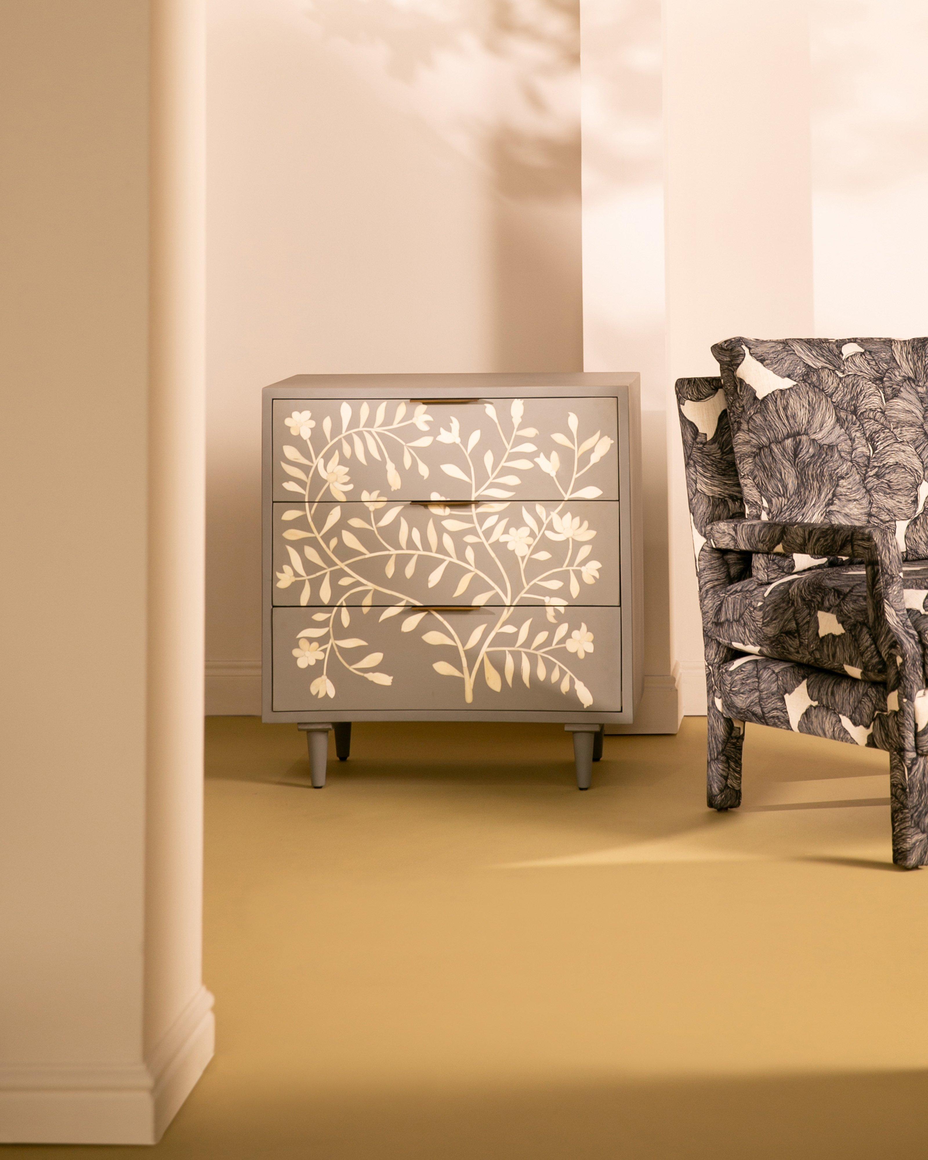 Bone Inlay 3-Drawer Dresser -  Grey