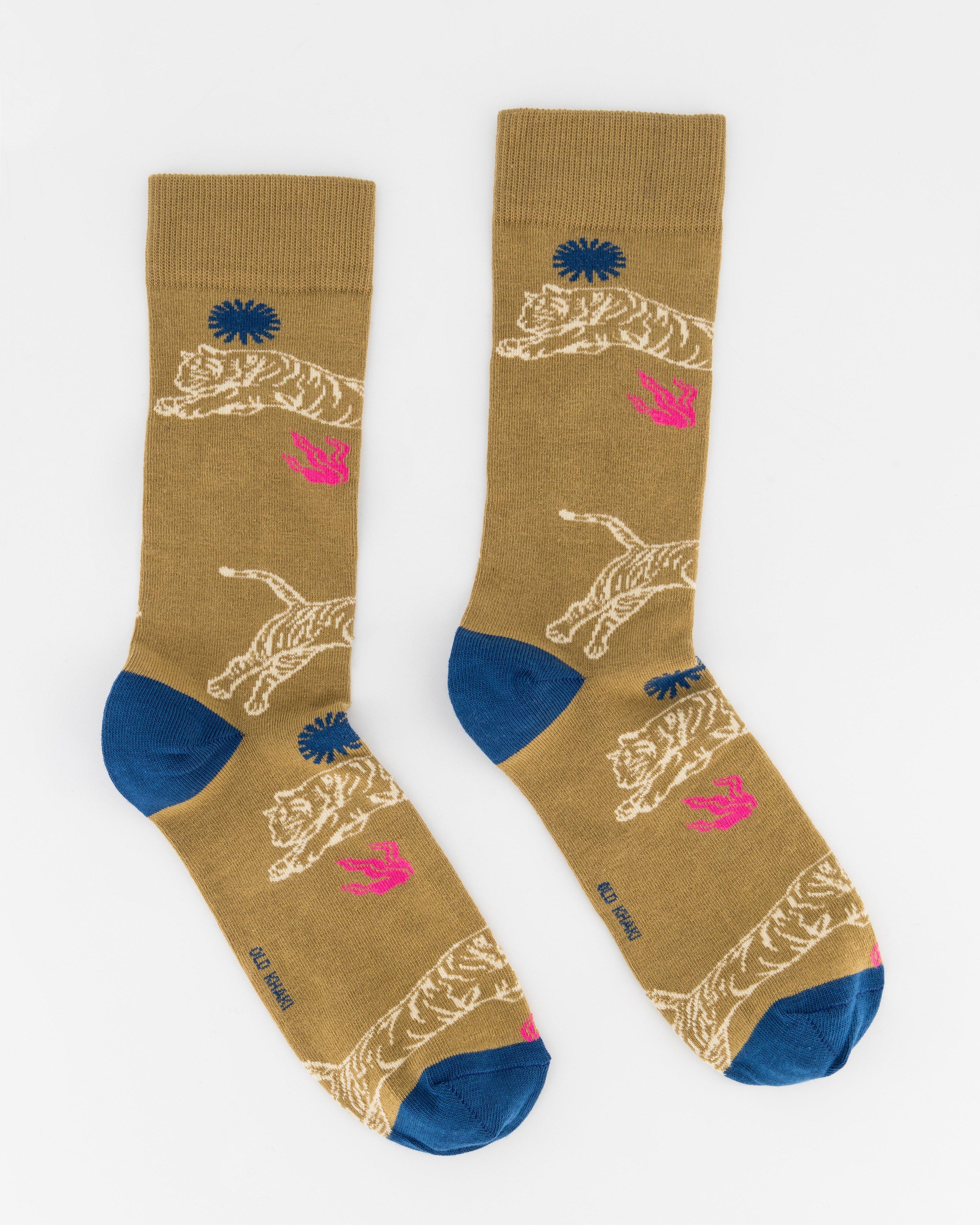 Men’s Tekla Leaping Tiger Print Socks  -  Camel