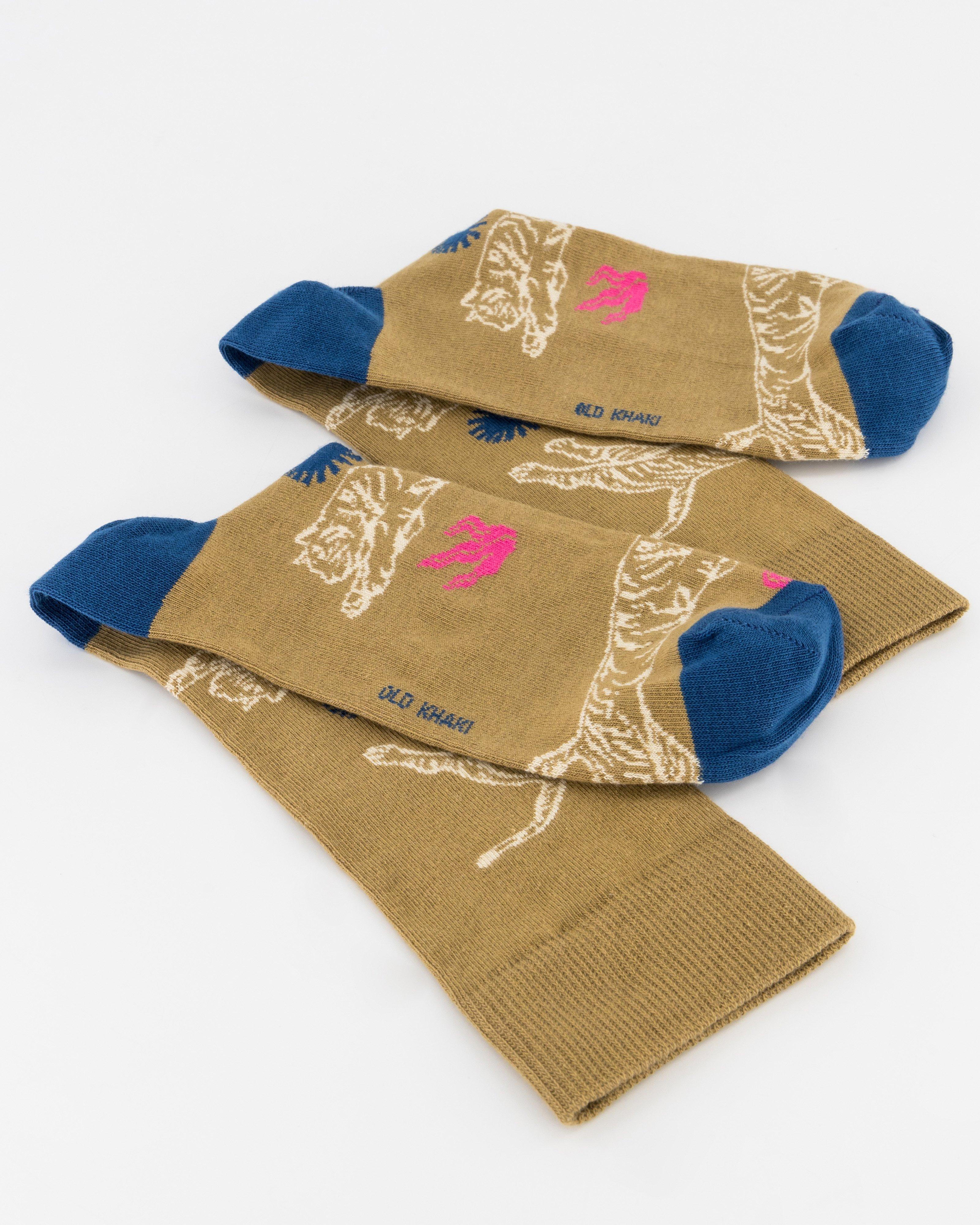 Men’s Tekla Leaping Tiger Print Socks  -  Camel