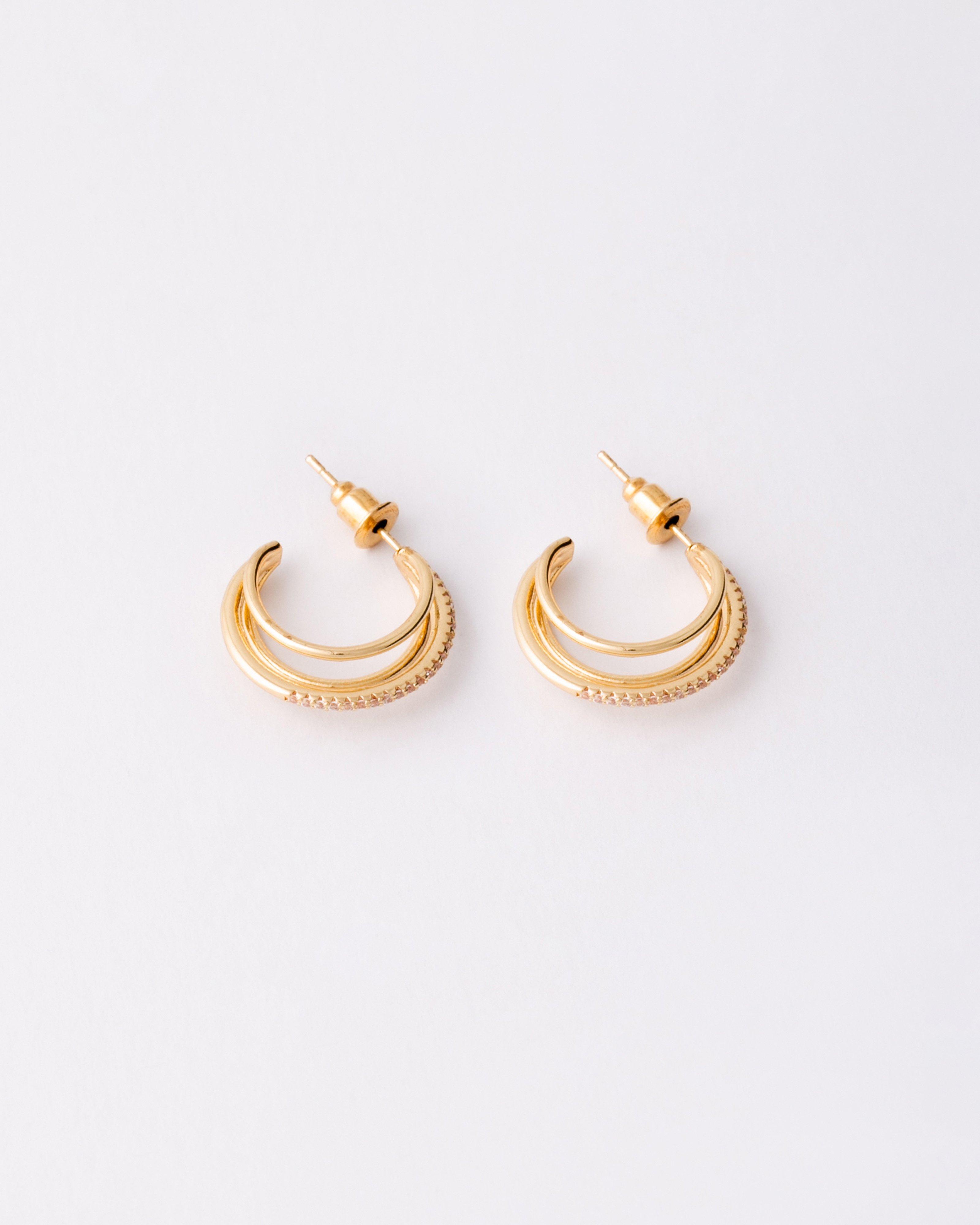 Triple Strand and Stone Hoop Earrings -  Gold