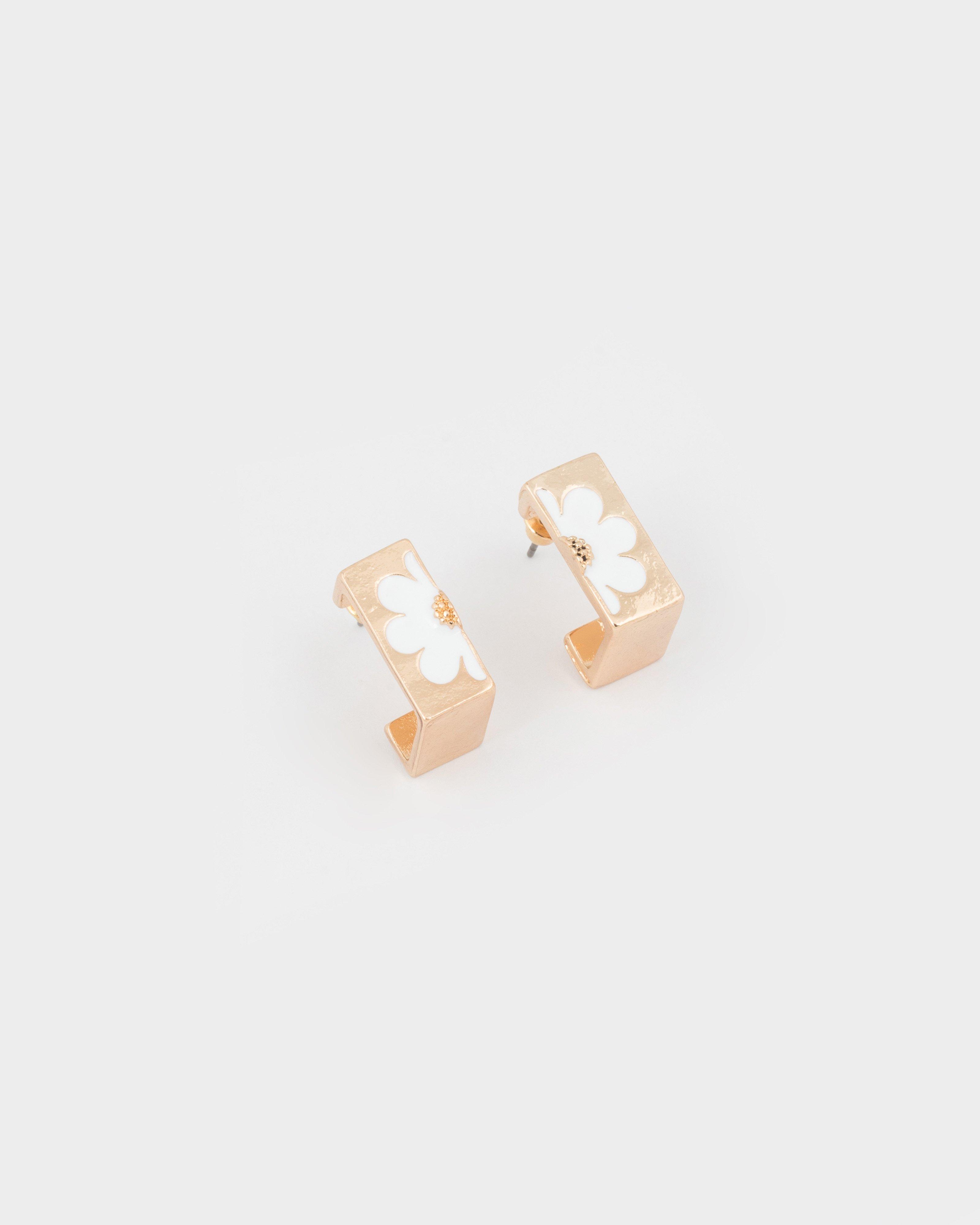 Flower Rectangular J-Hoop Earrings -  Milk