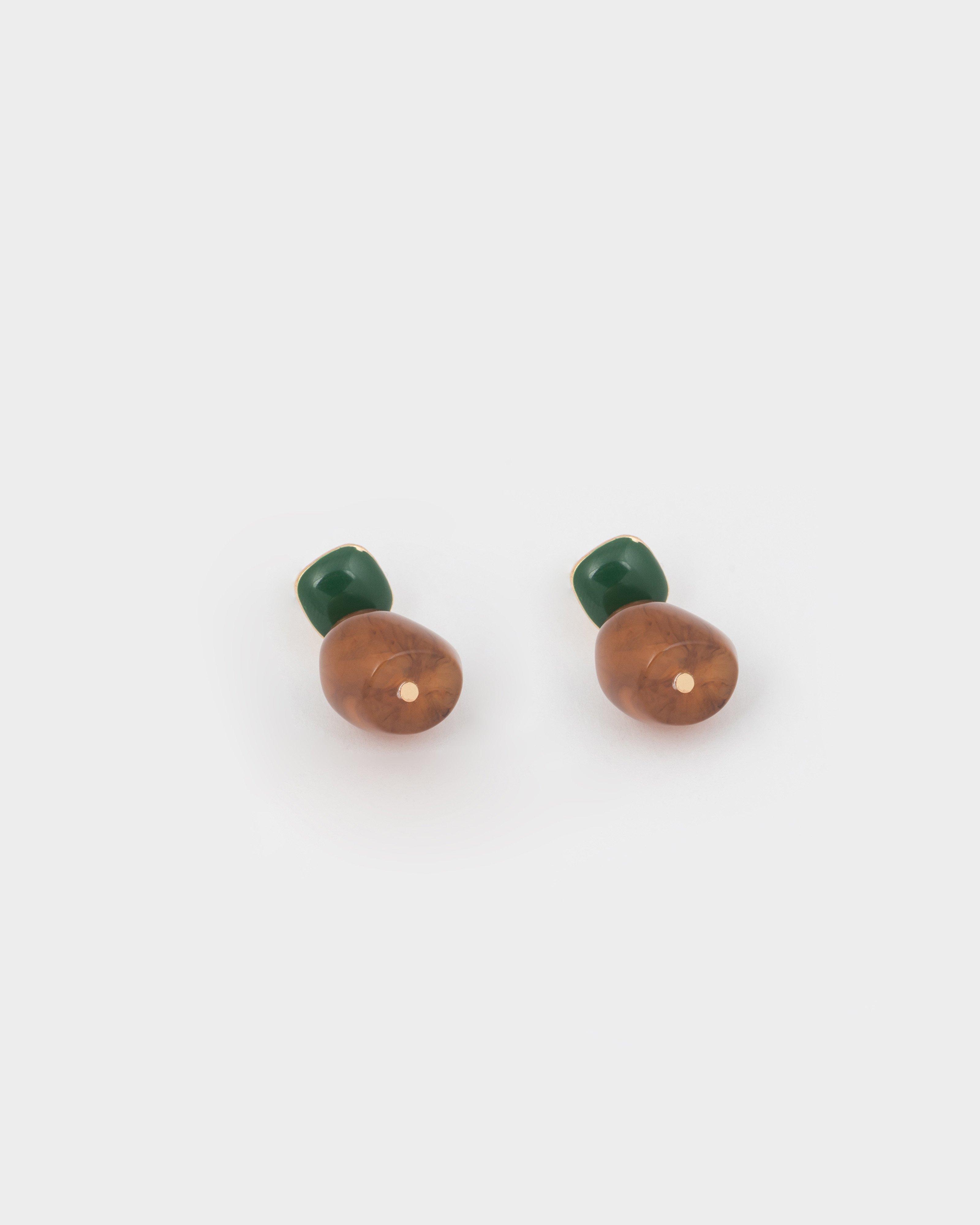 Square and Natural Stone Circular Drop Earrings -  Brown