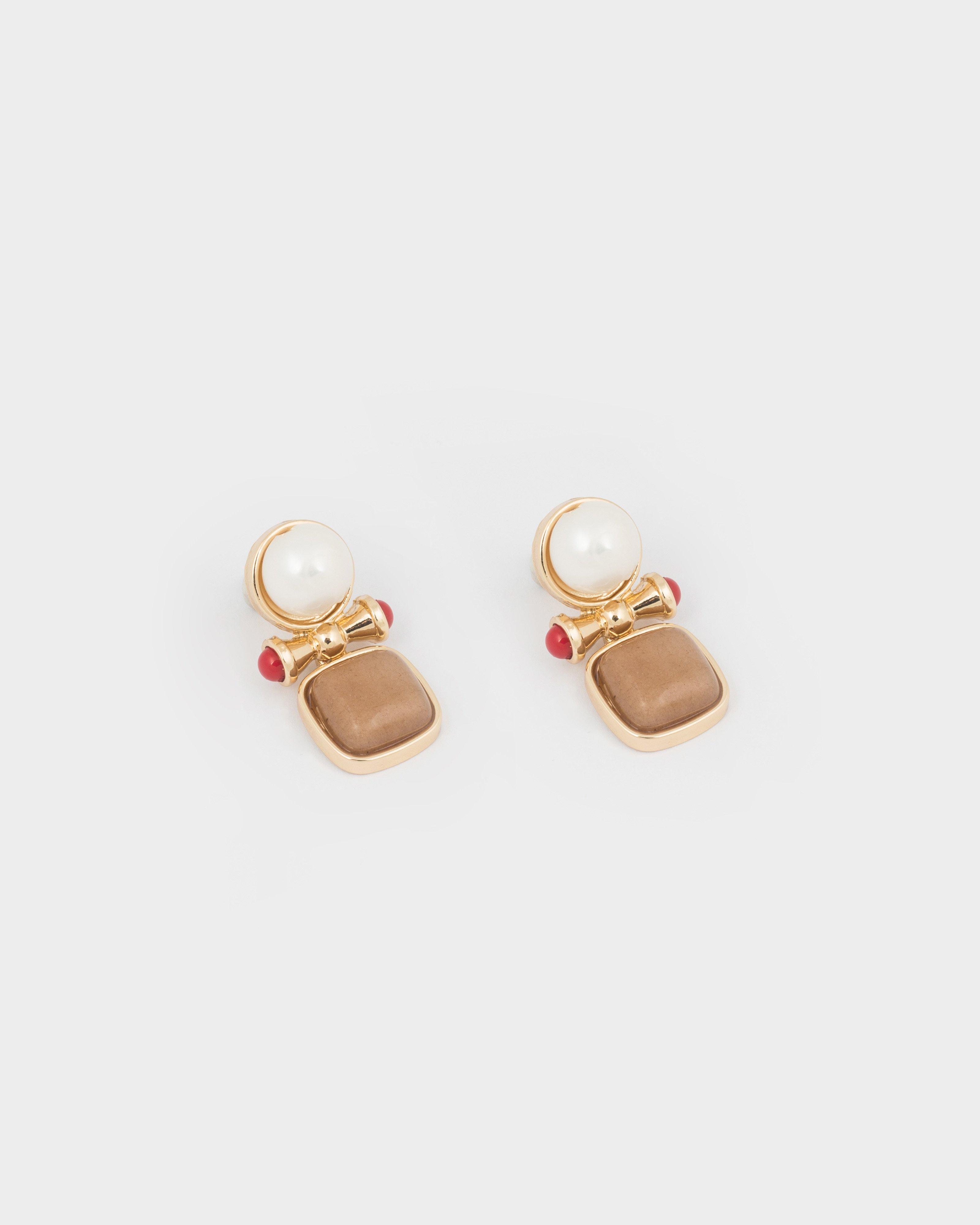 Pearl with Bar and Square Stone Drop Earrings -  Brown