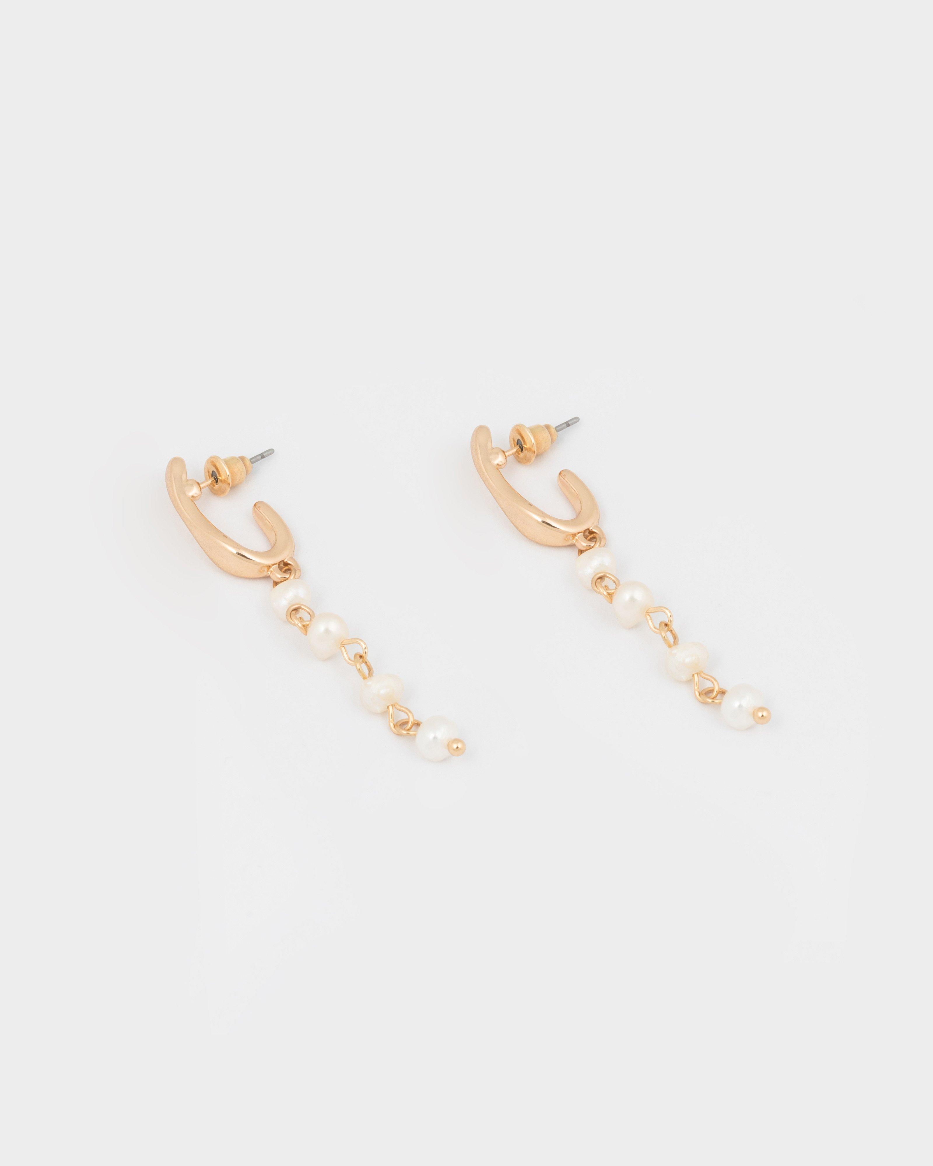 J-Shape and Freshwater Pearl Dangly Drop Earrings -  Milk