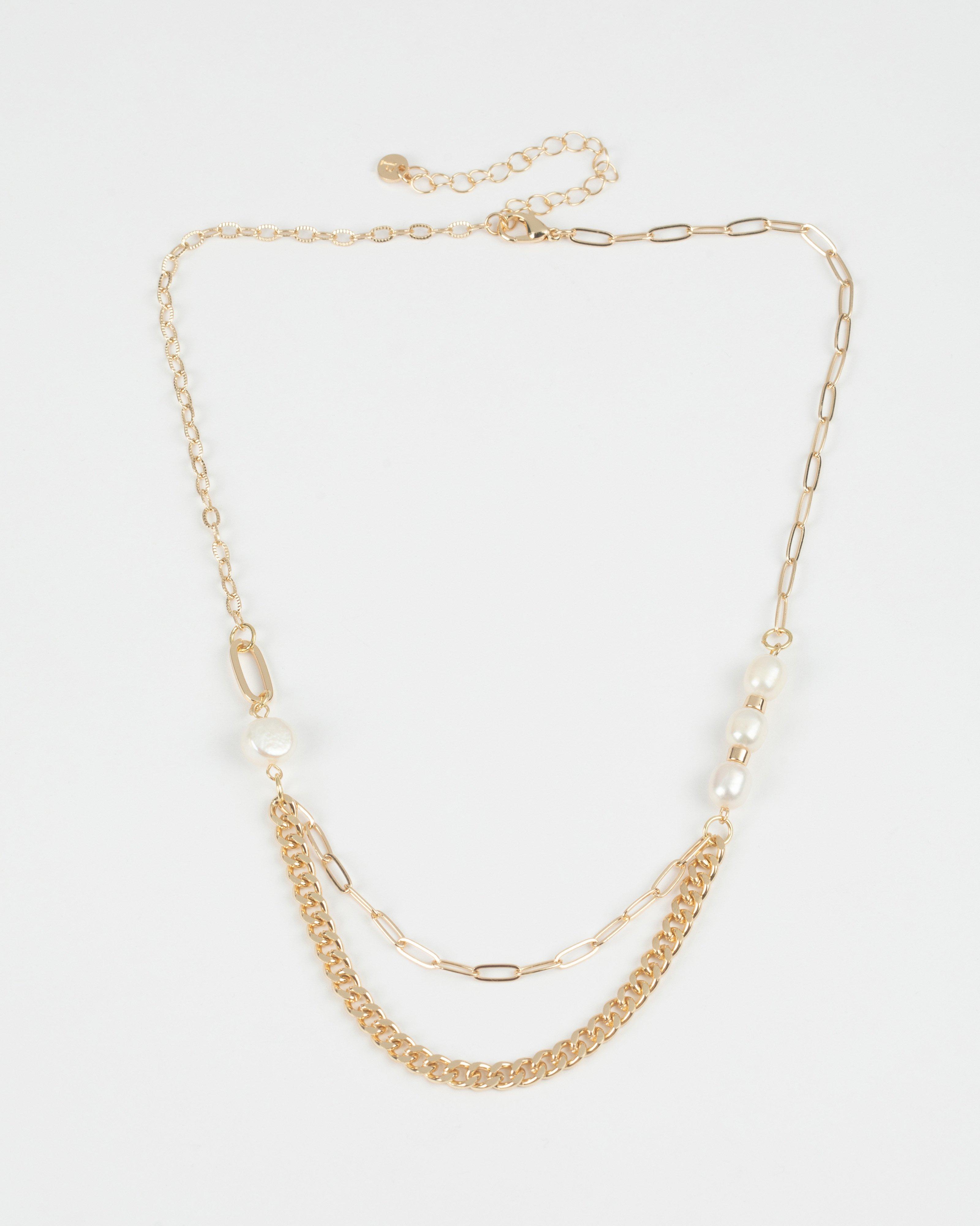  Freshwater Pearl with Link and Paperclip Chain Necklace -  Milk