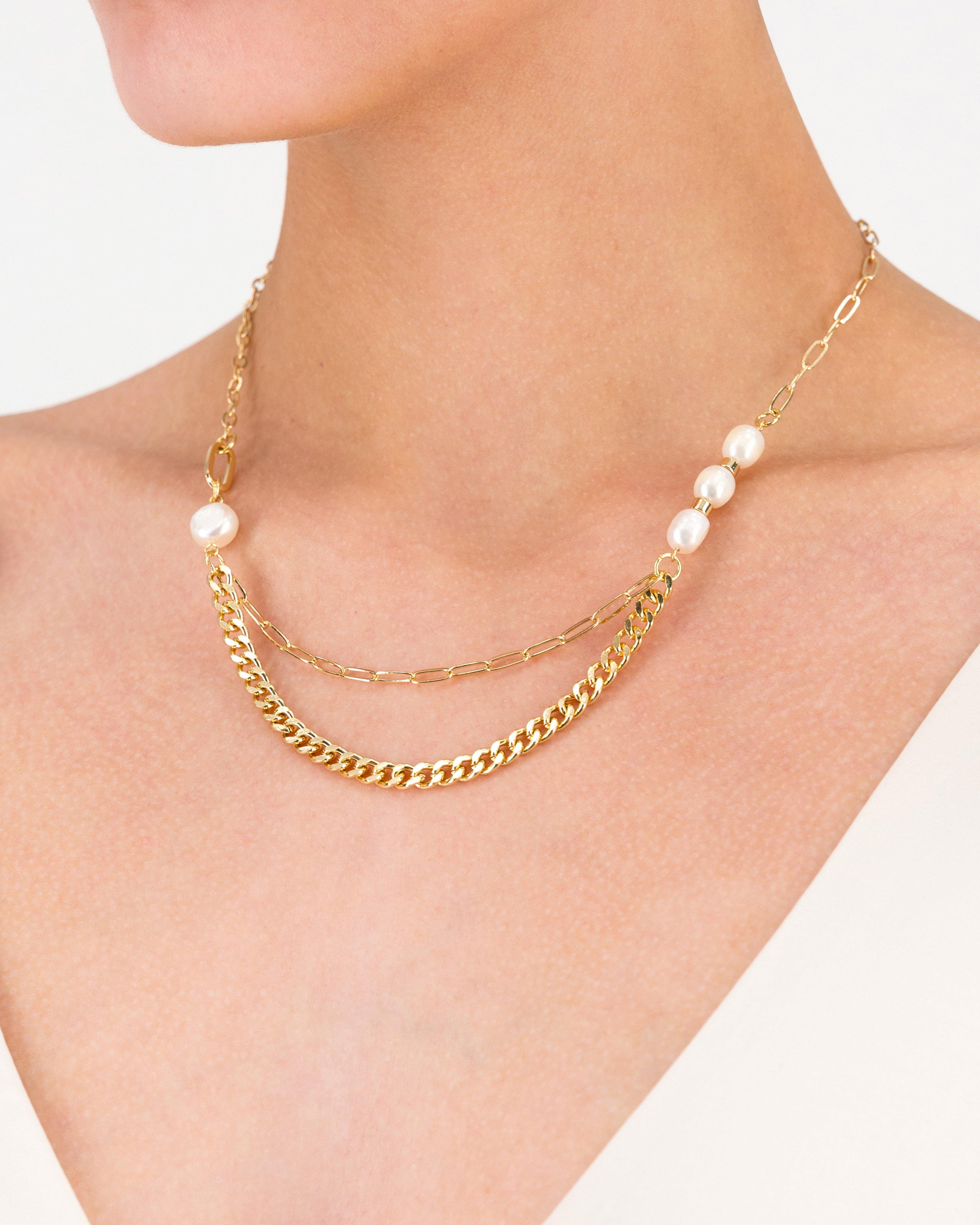  Freshwater Pearl with Link and Paperclip Chain Necklace -  Milk