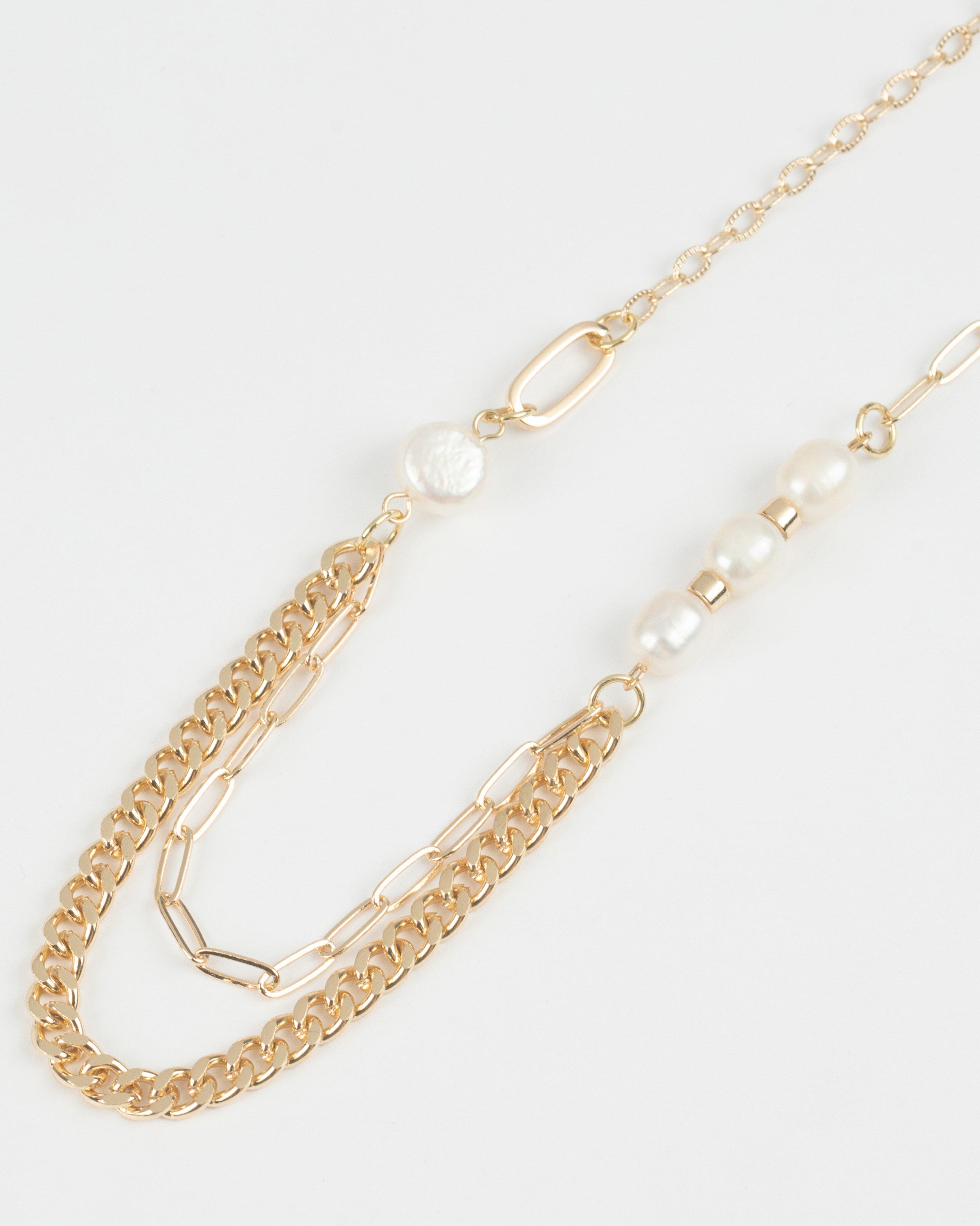  Freshwater Pearl with Link and Paperclip Chain Necklace -  Milk