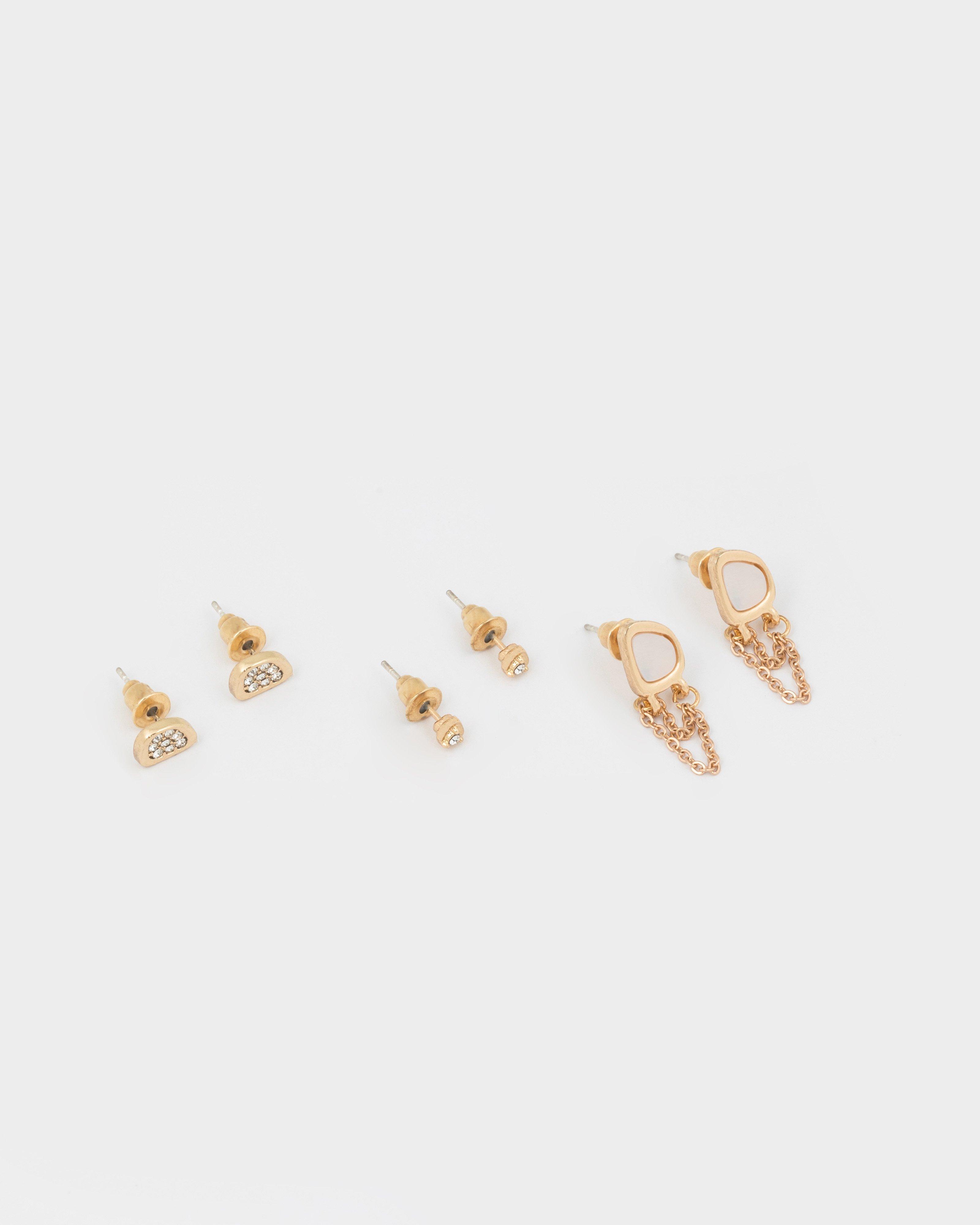 Mother of Pearl & Stone Studs with Dangle Chain Earring Pack -  Gold