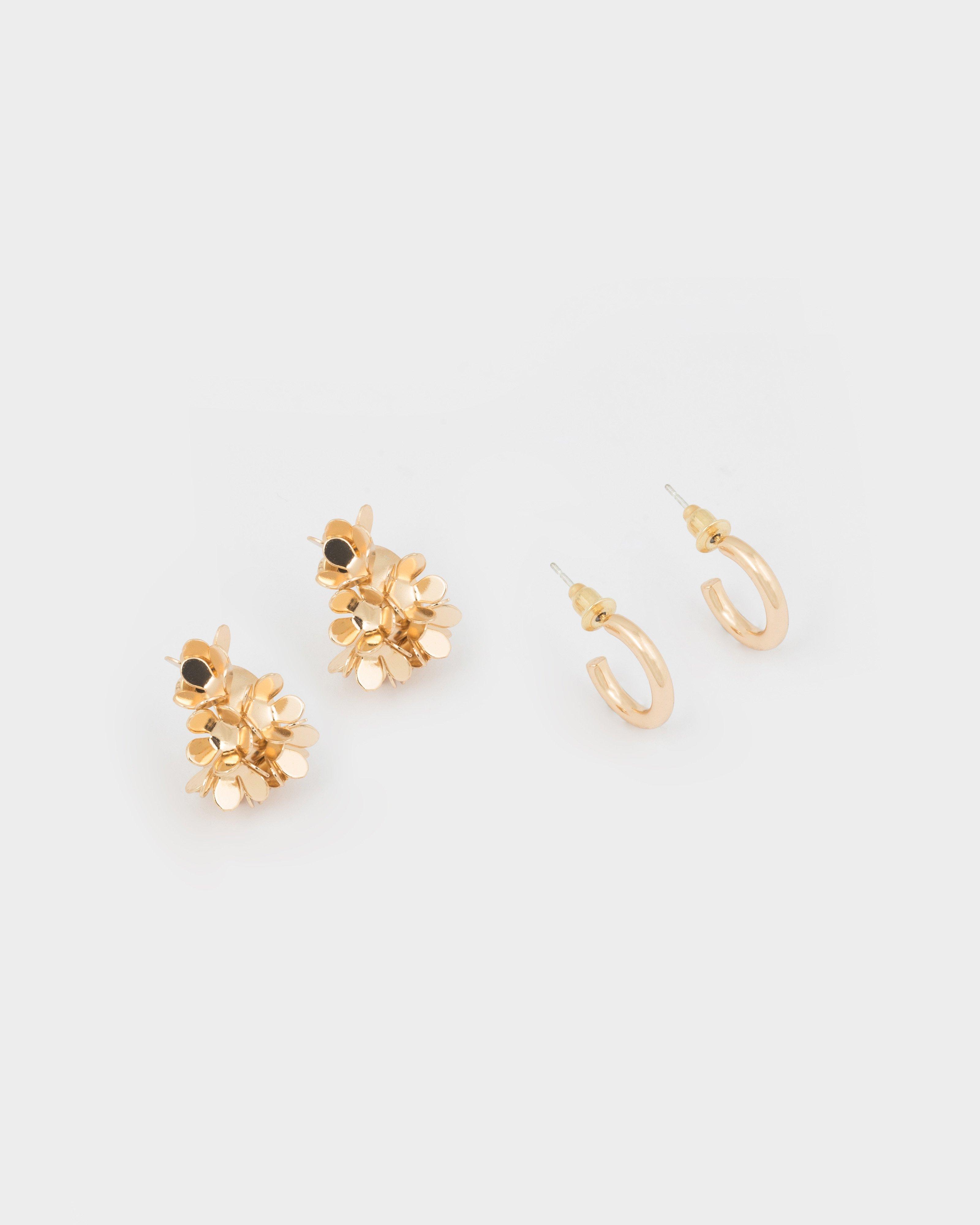 Hoop and Flower Cluster Hoop Earring Pack -  Gold