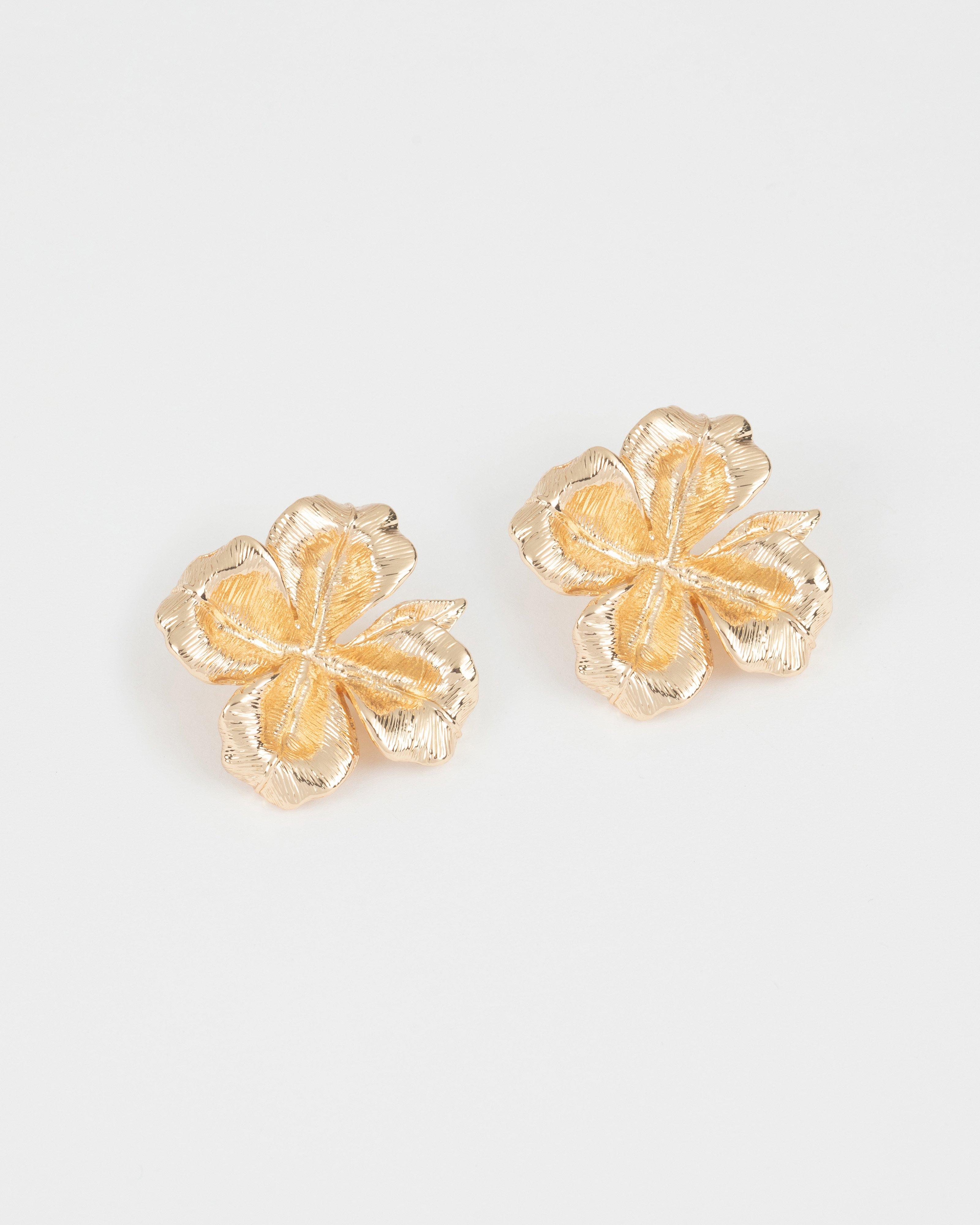 Brushed Textured Statement Flower Stud Earrings -  Gold