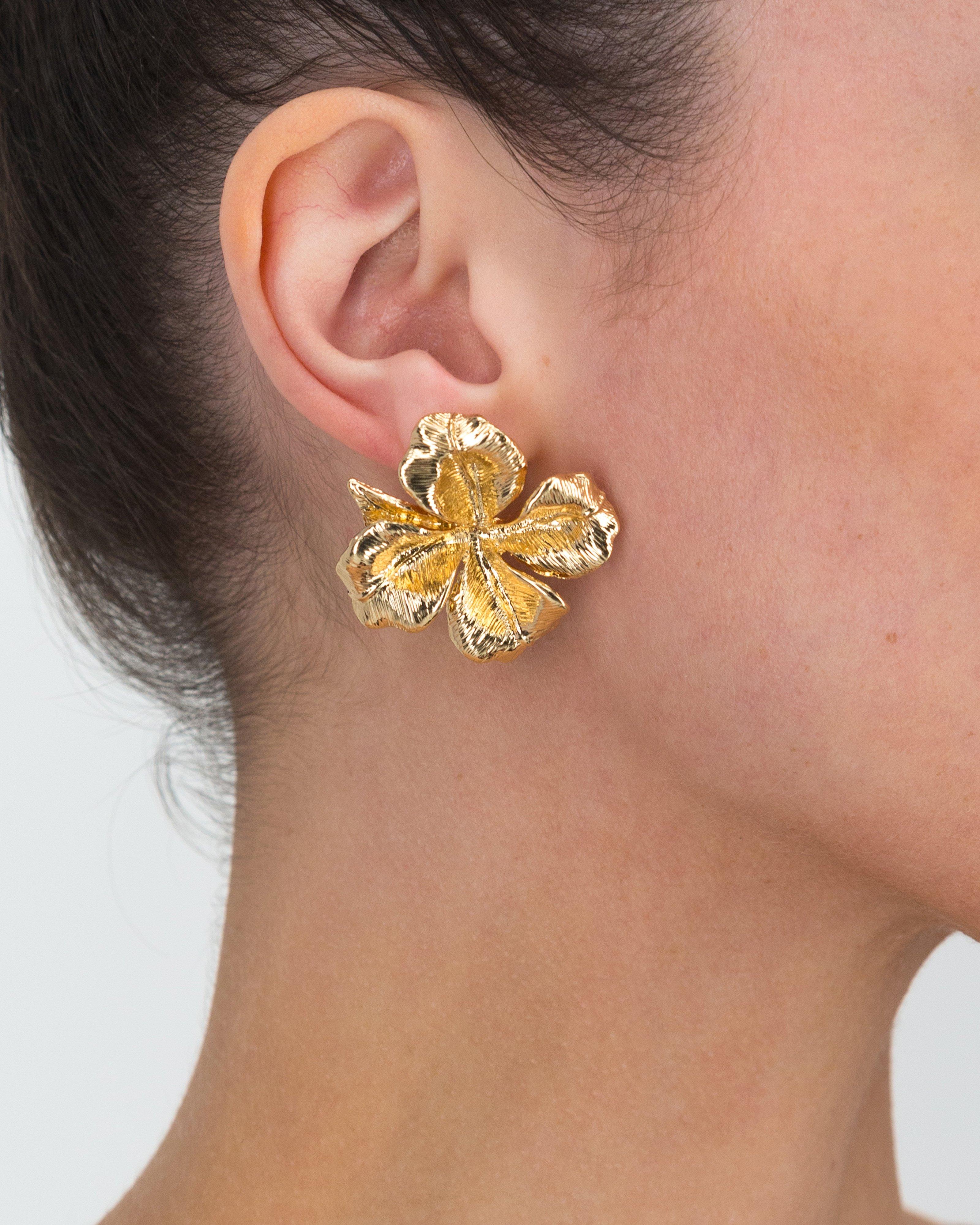 Brushed Textured Statement Flower Stud Earrings -  Gold