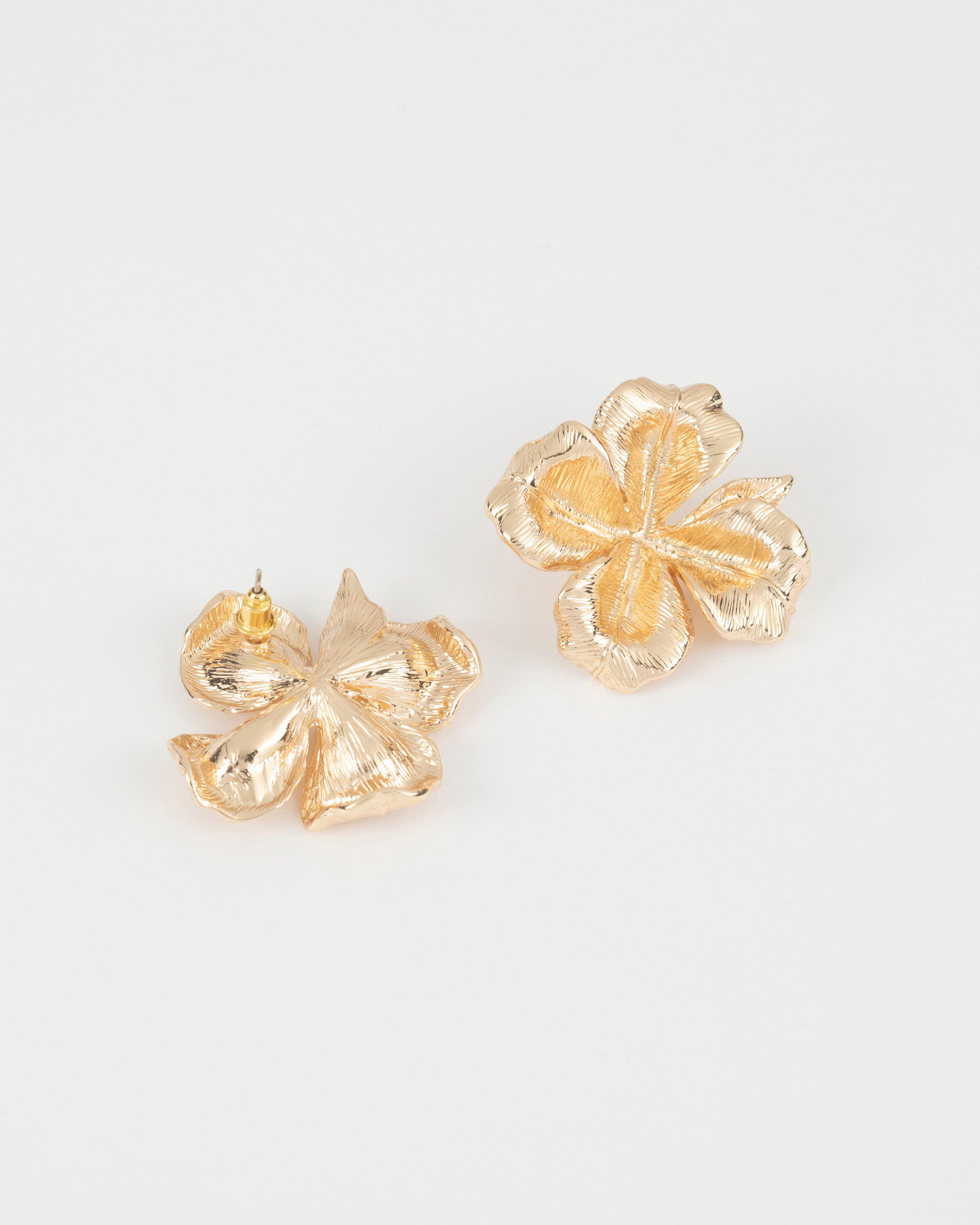 Brushed Textured Statement Flower Stud Earrings -  Gold