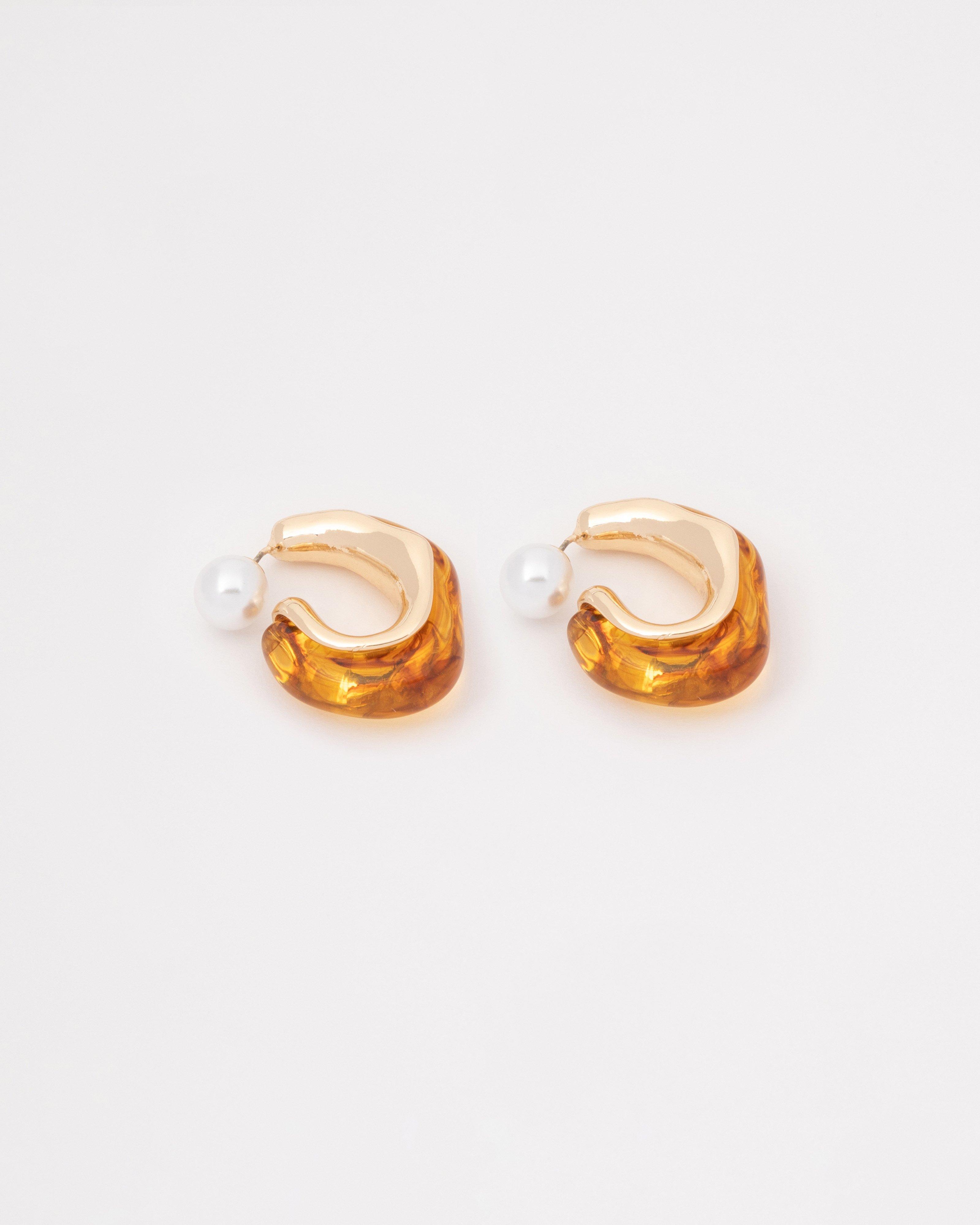 Two-Way Peekaboo Resin & Pearl Hoop Earrings -  Brown