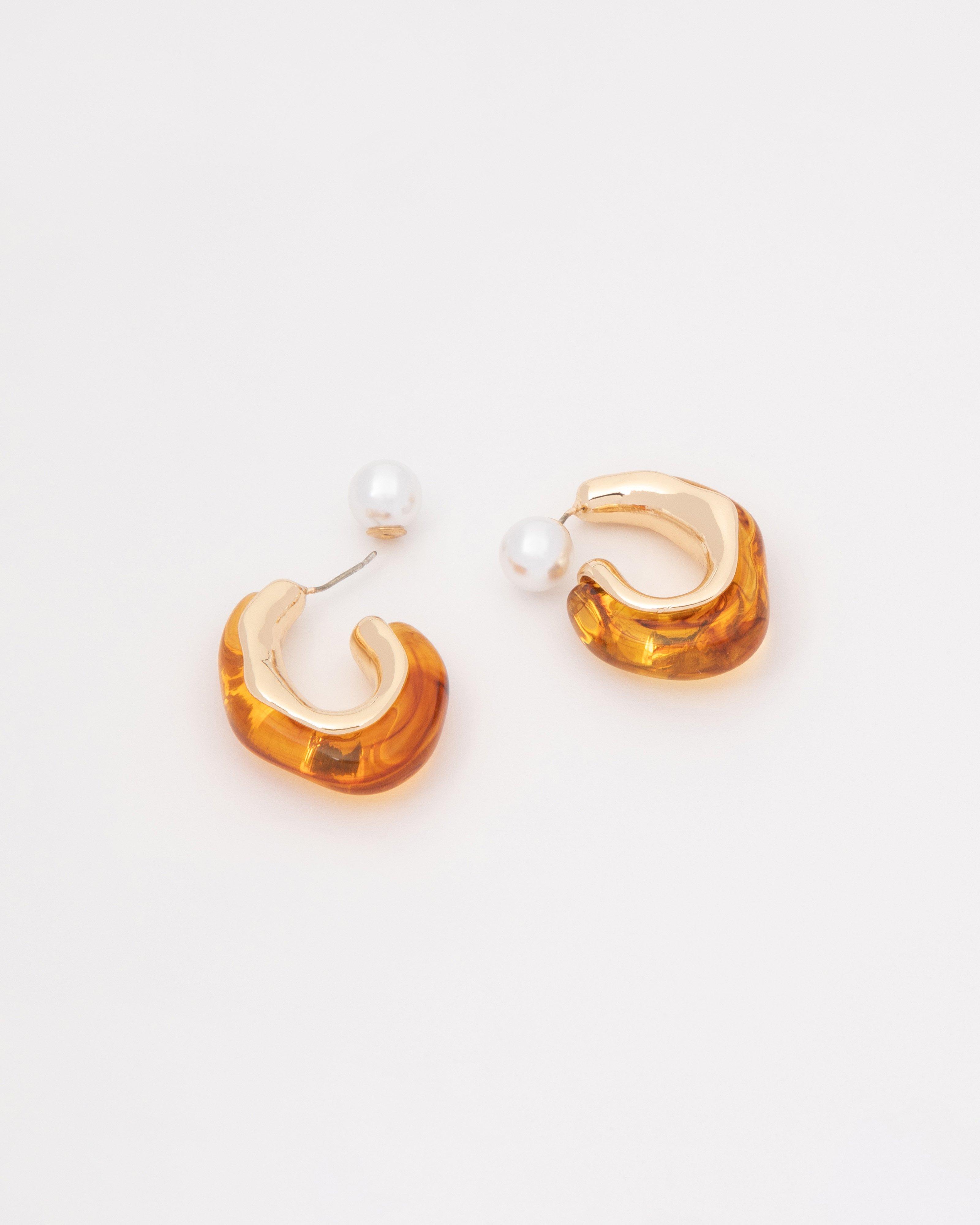 Two-Way Peekaboo Resin & Pearl Hoop Earrings -  Brown