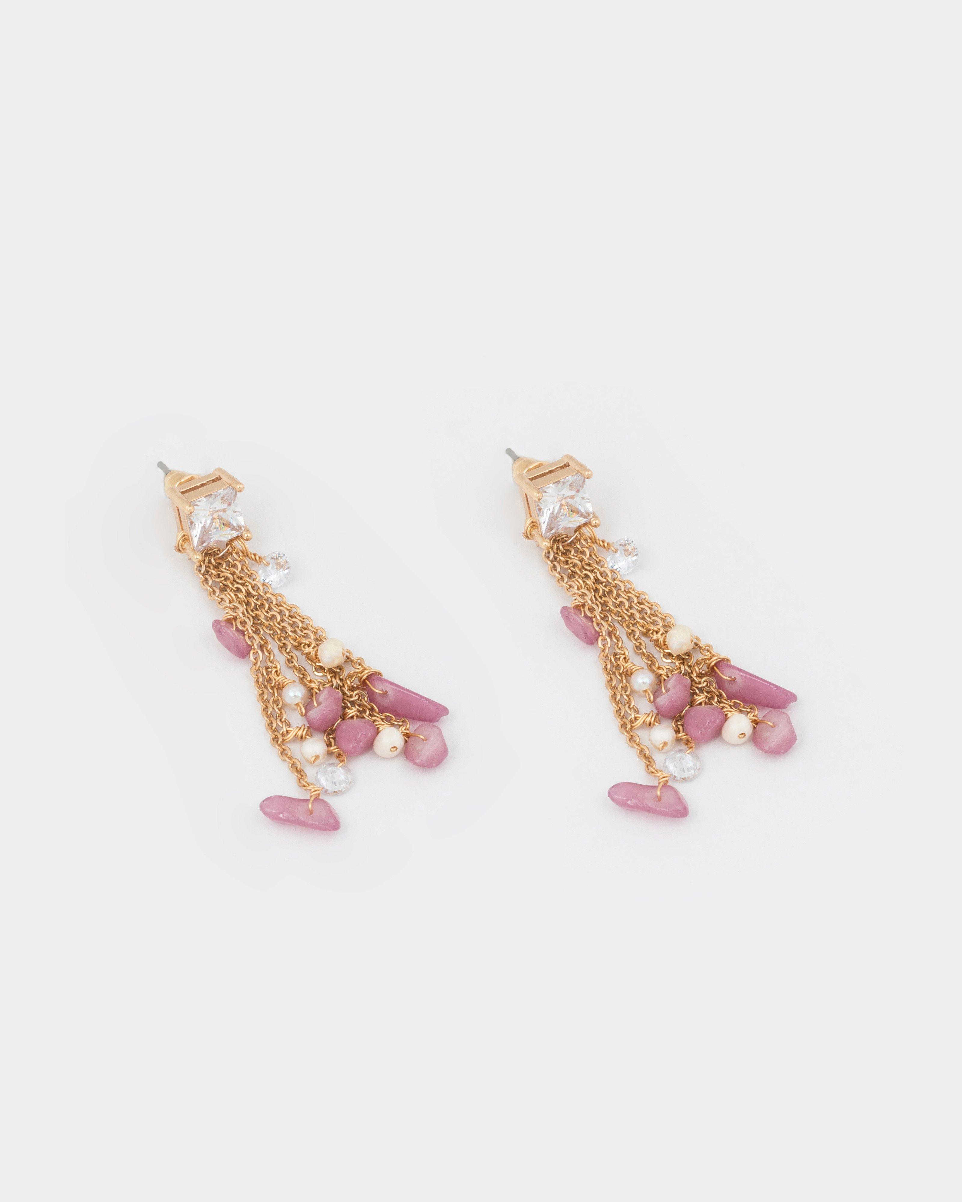 Square Stone & Beaded Waterfall Earrings -  Pink