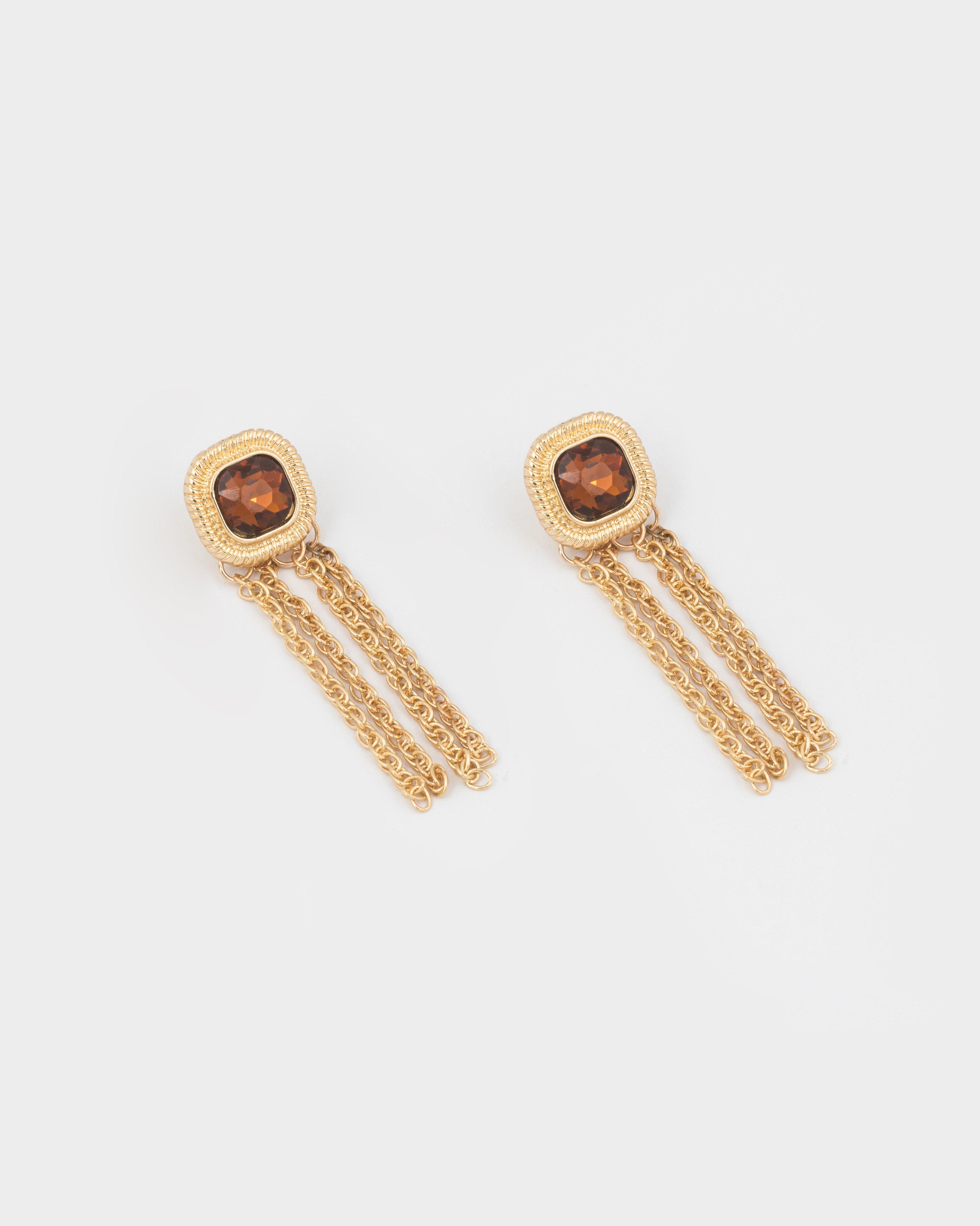 Square Stone & Twisted Chain Waterfall Earrings -  Red