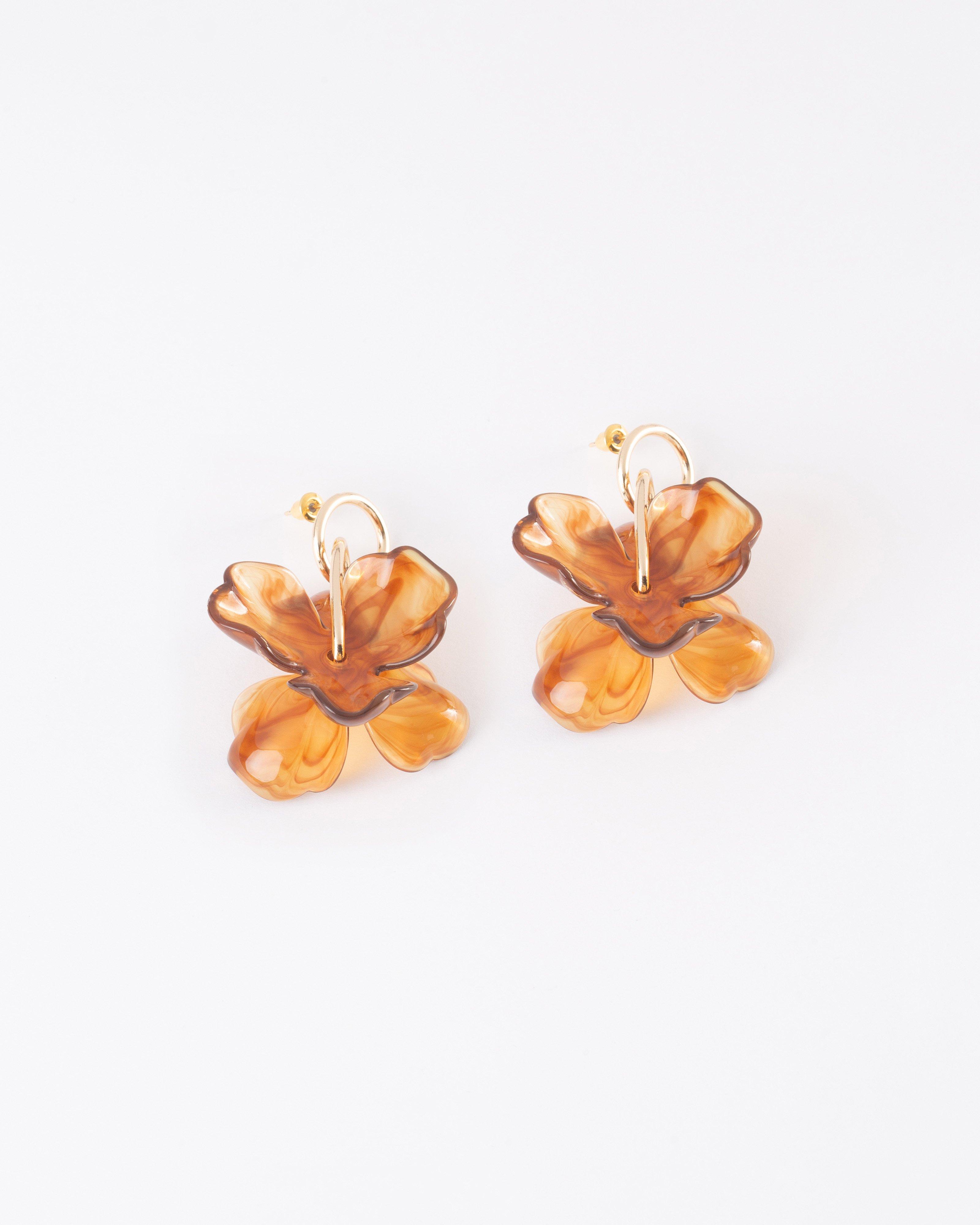 Chunky Resin Flower & Circular Drop Earrings -  Brown