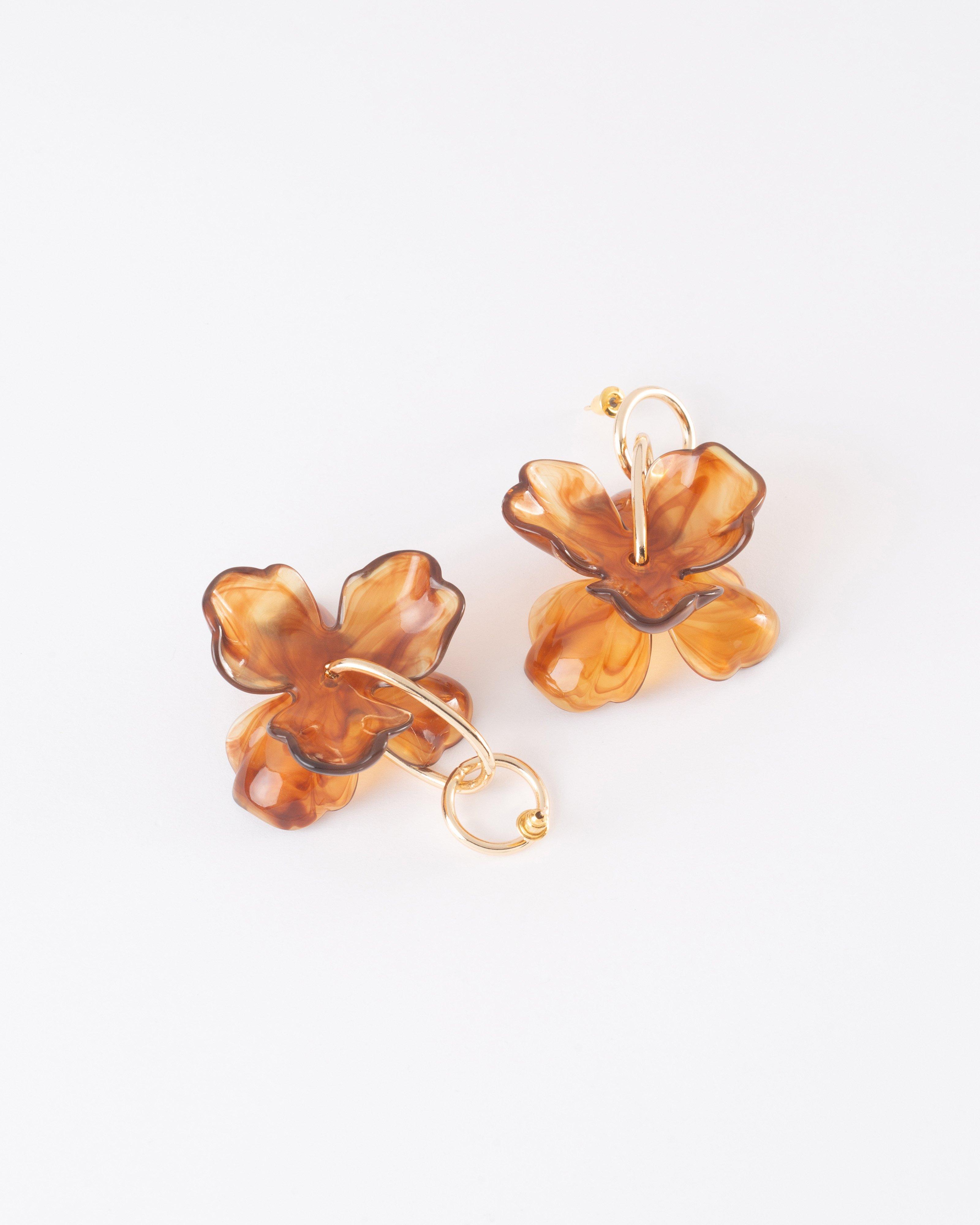 Chunky Resin Flower & Circular Drop Earrings -  Brown