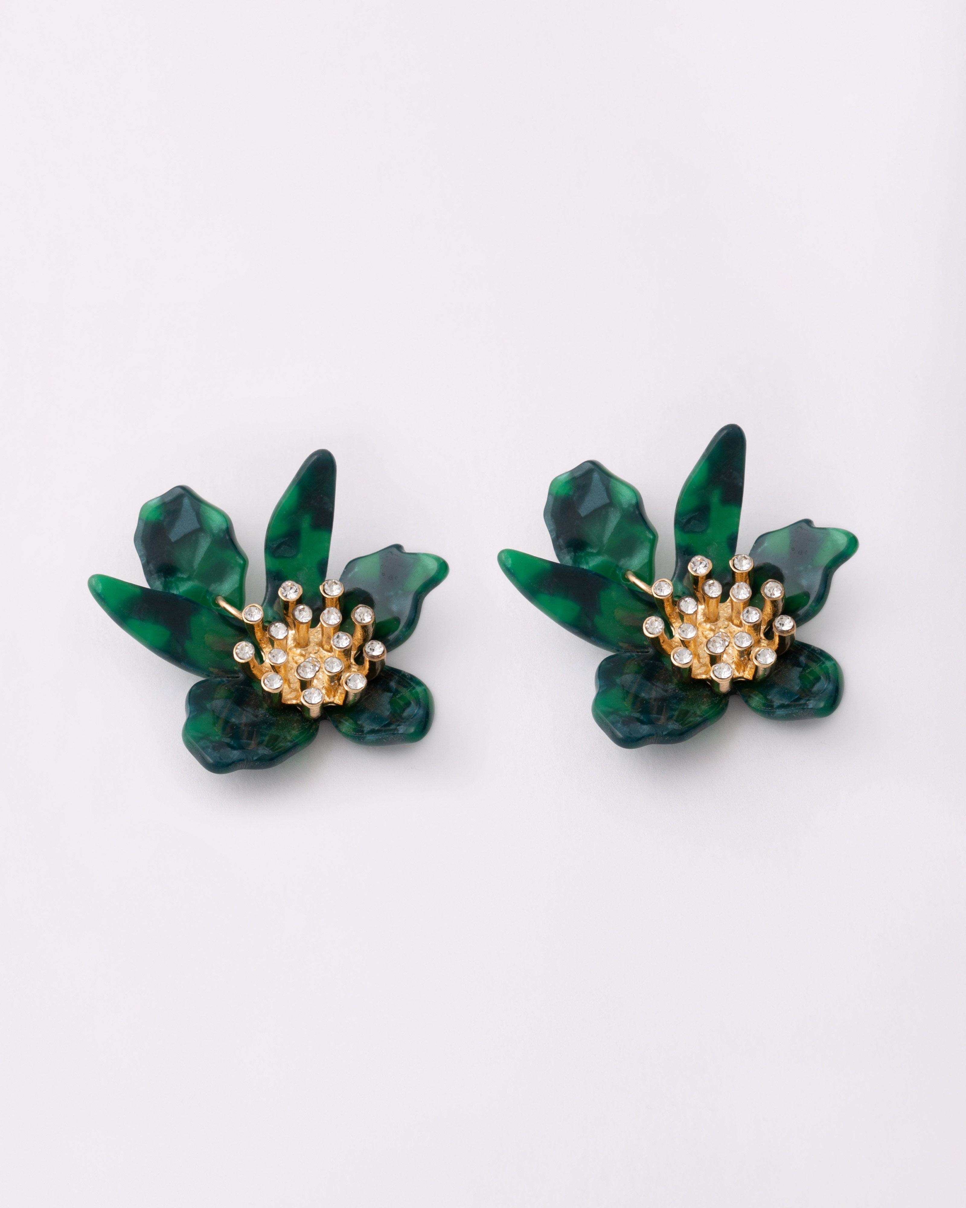 Resin & Stone Flower Drop Earrings -  Green