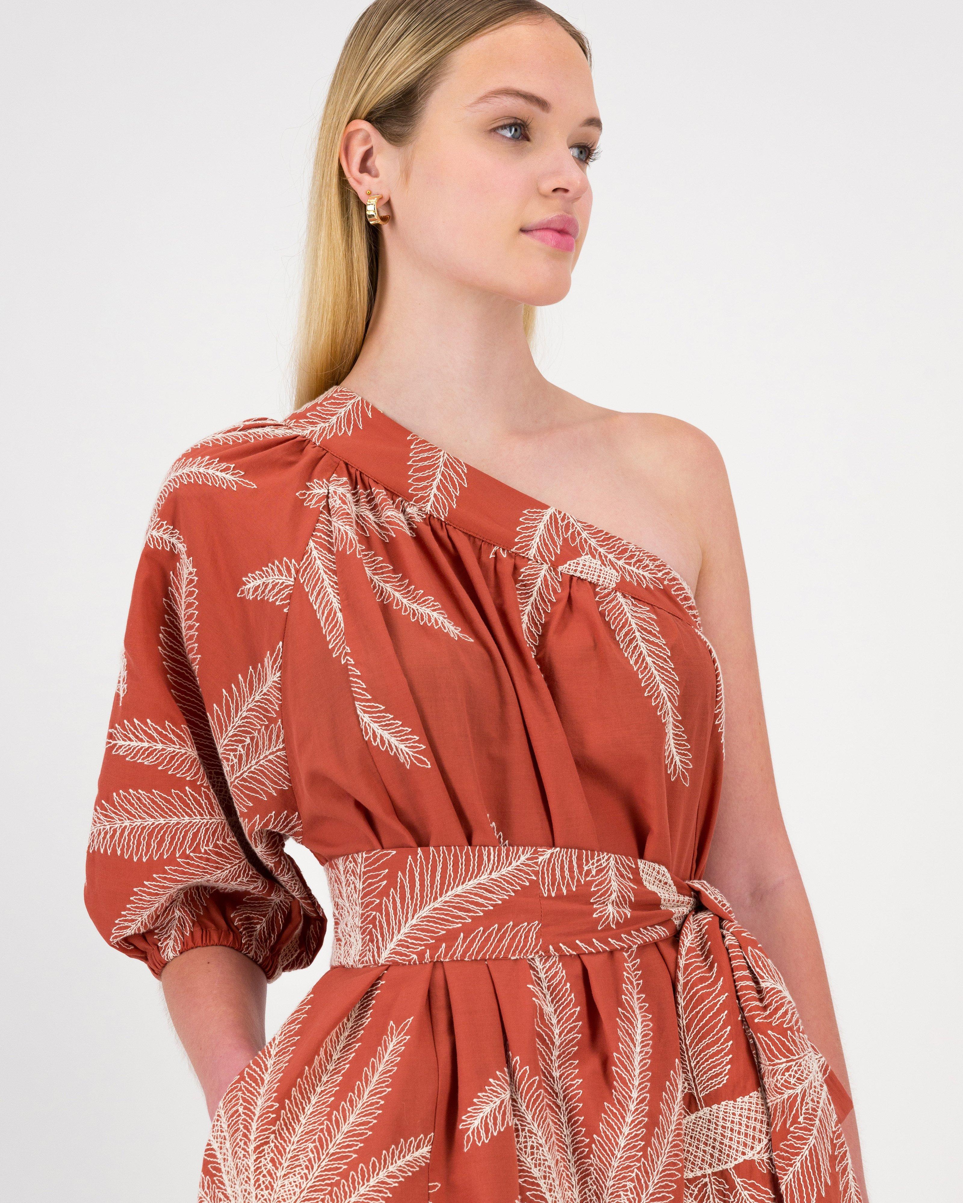 Freya Embroidered Asymmetric Dress -  Rust