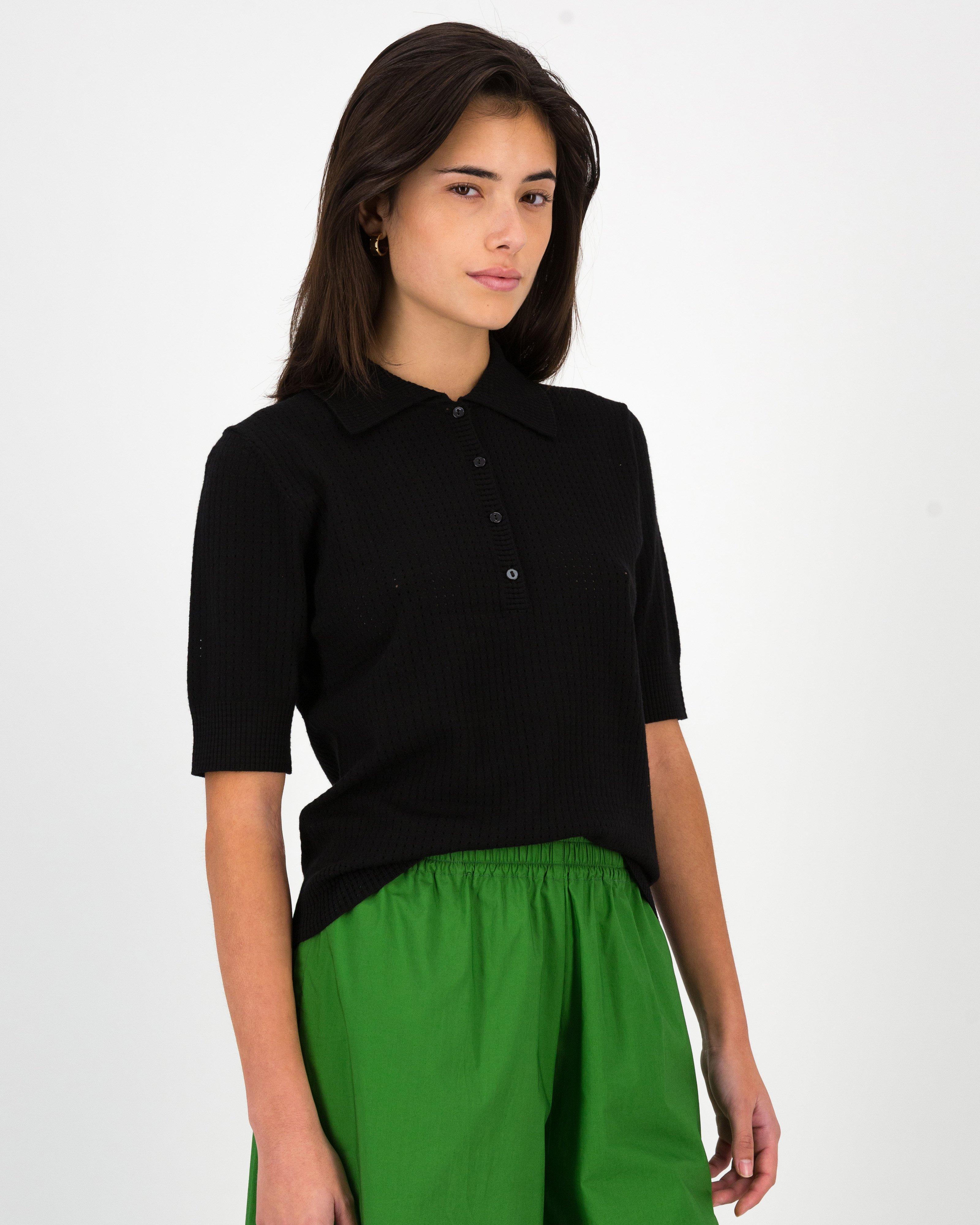 Ashley Pointelle Knitwear Polo -  Black