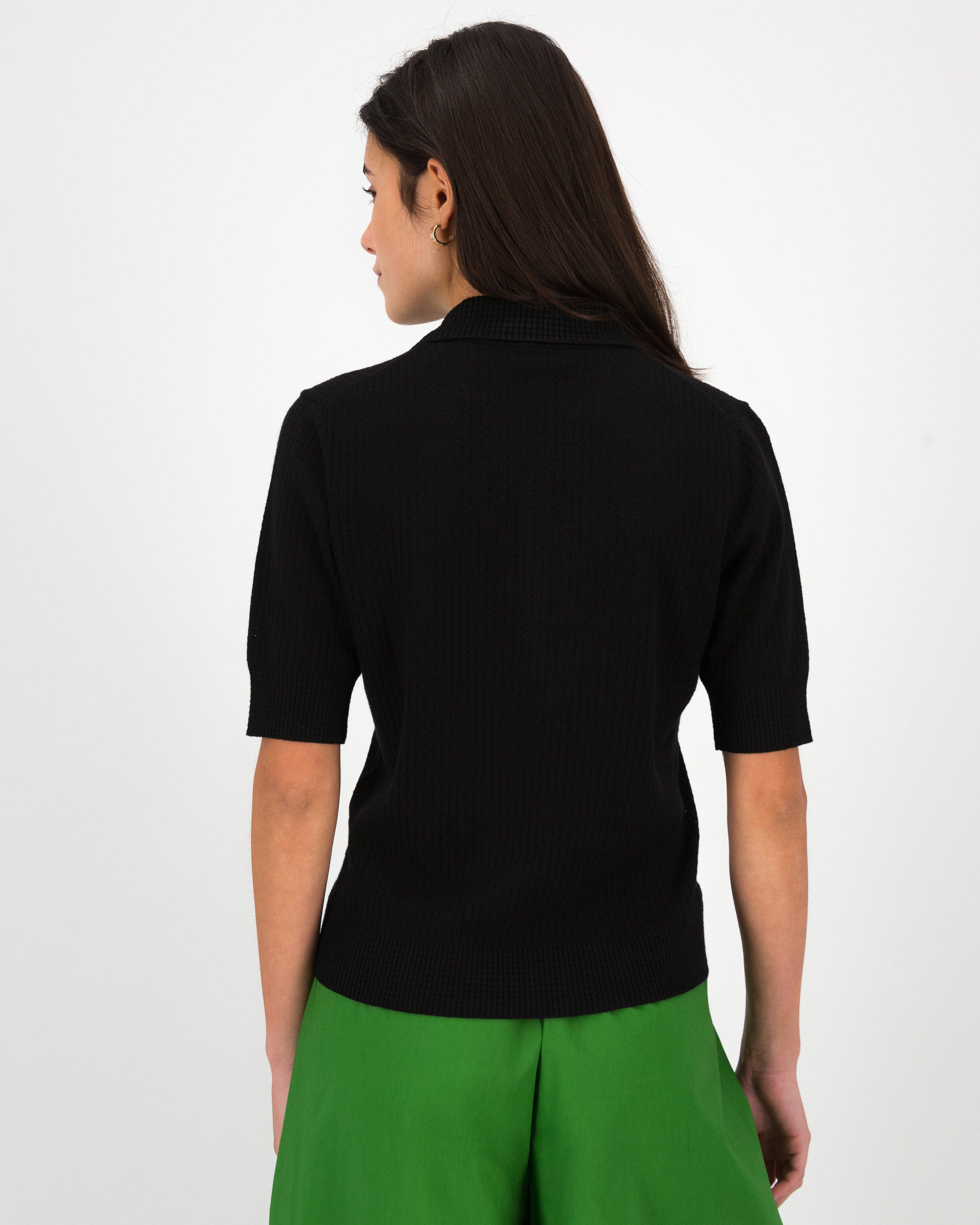 Ashley Pointelle Knitwear Polo -  Black