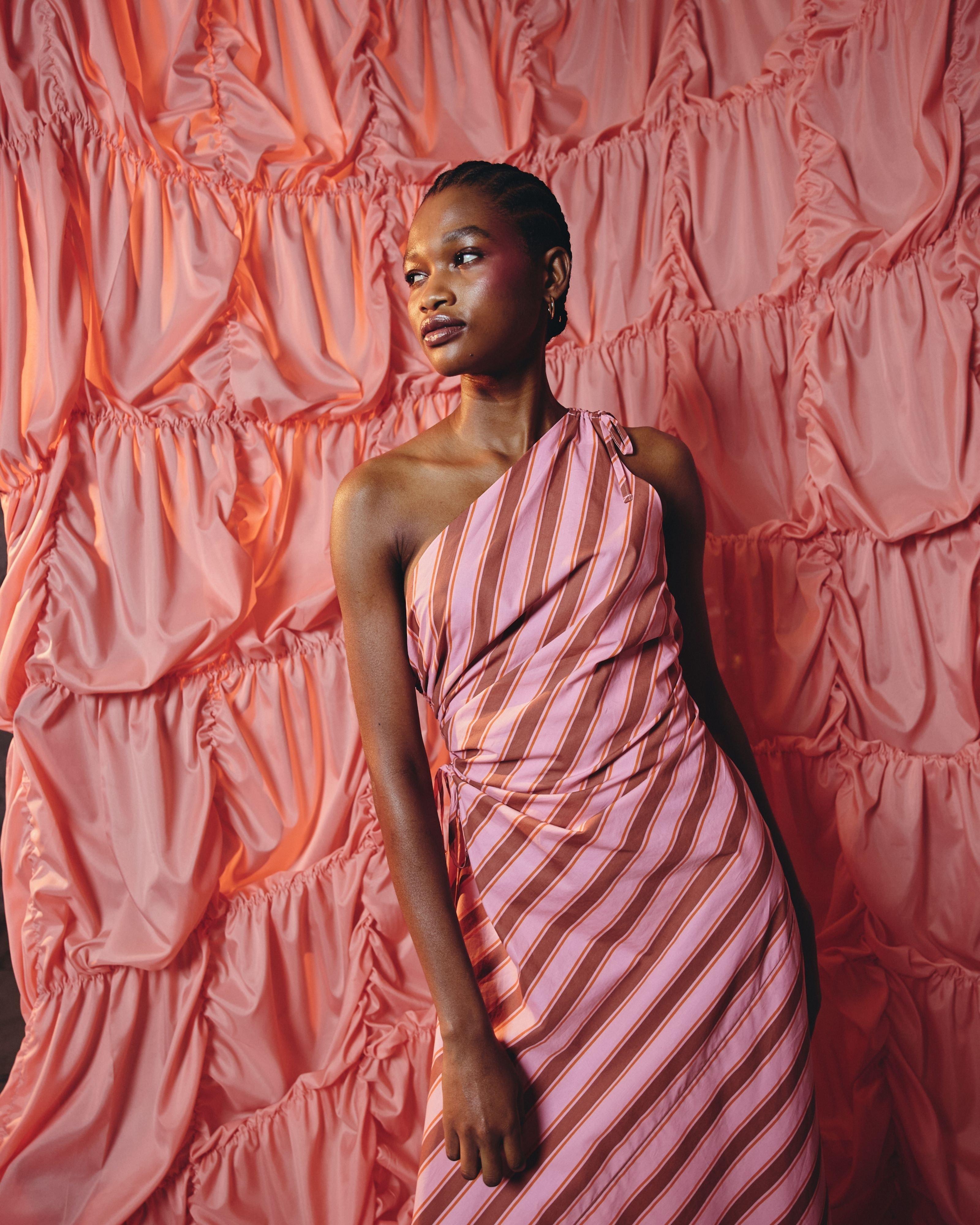 Juno Striped Asymmetric Dress -  Pink