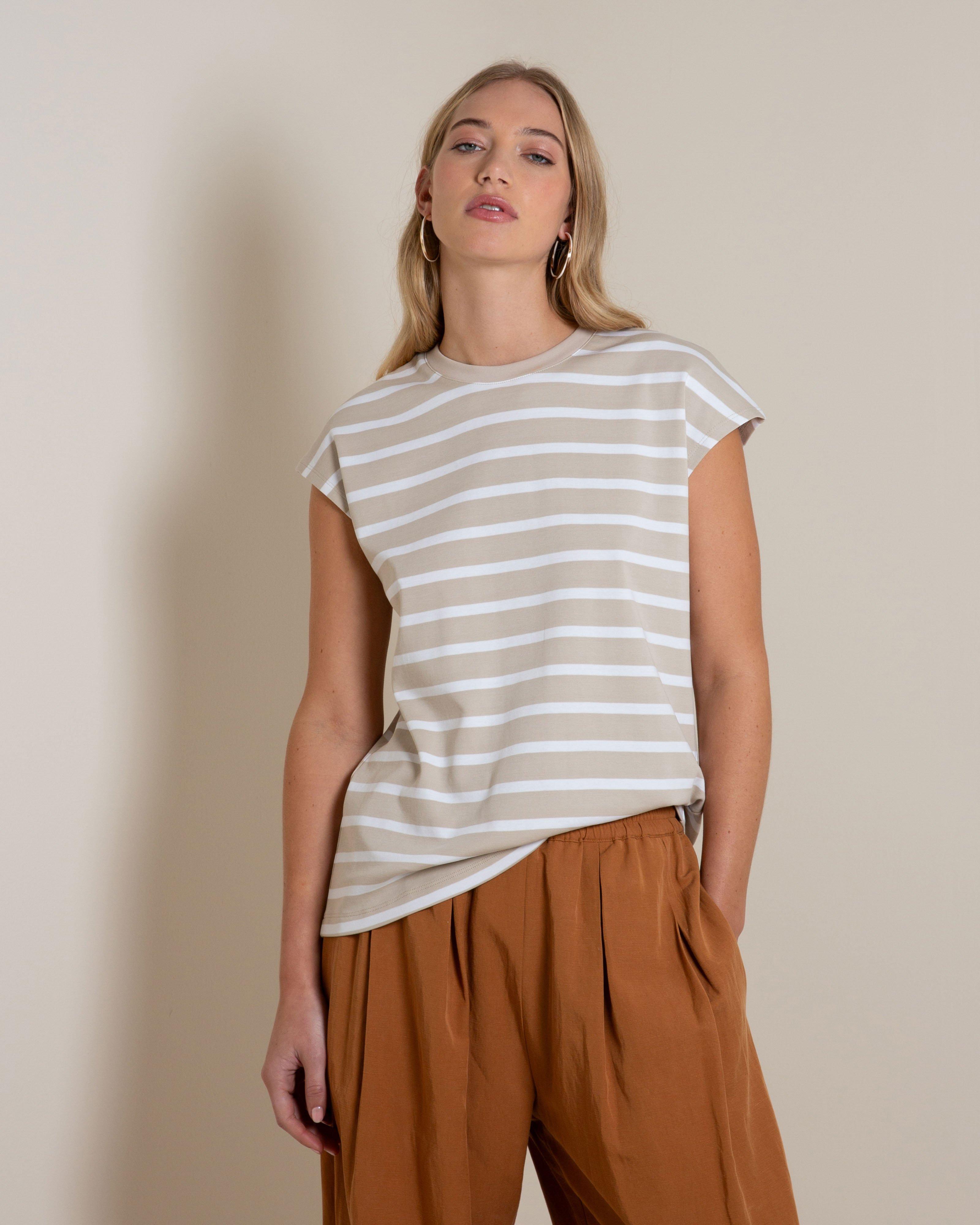 Jenna Muscle Stripe Tee -  Stone