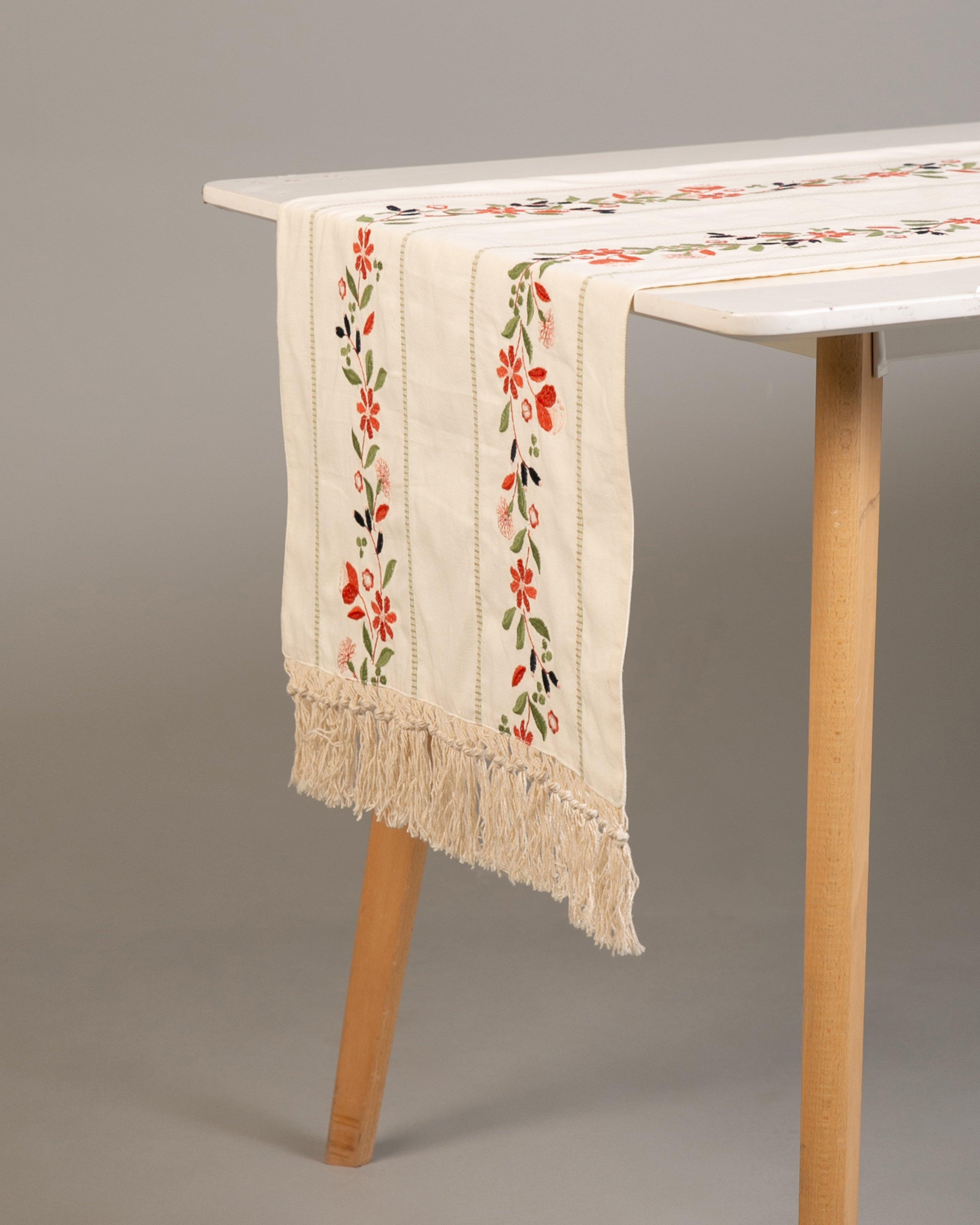 Carter Embroidered Table Runner - 250cm x 50cm -  Milk