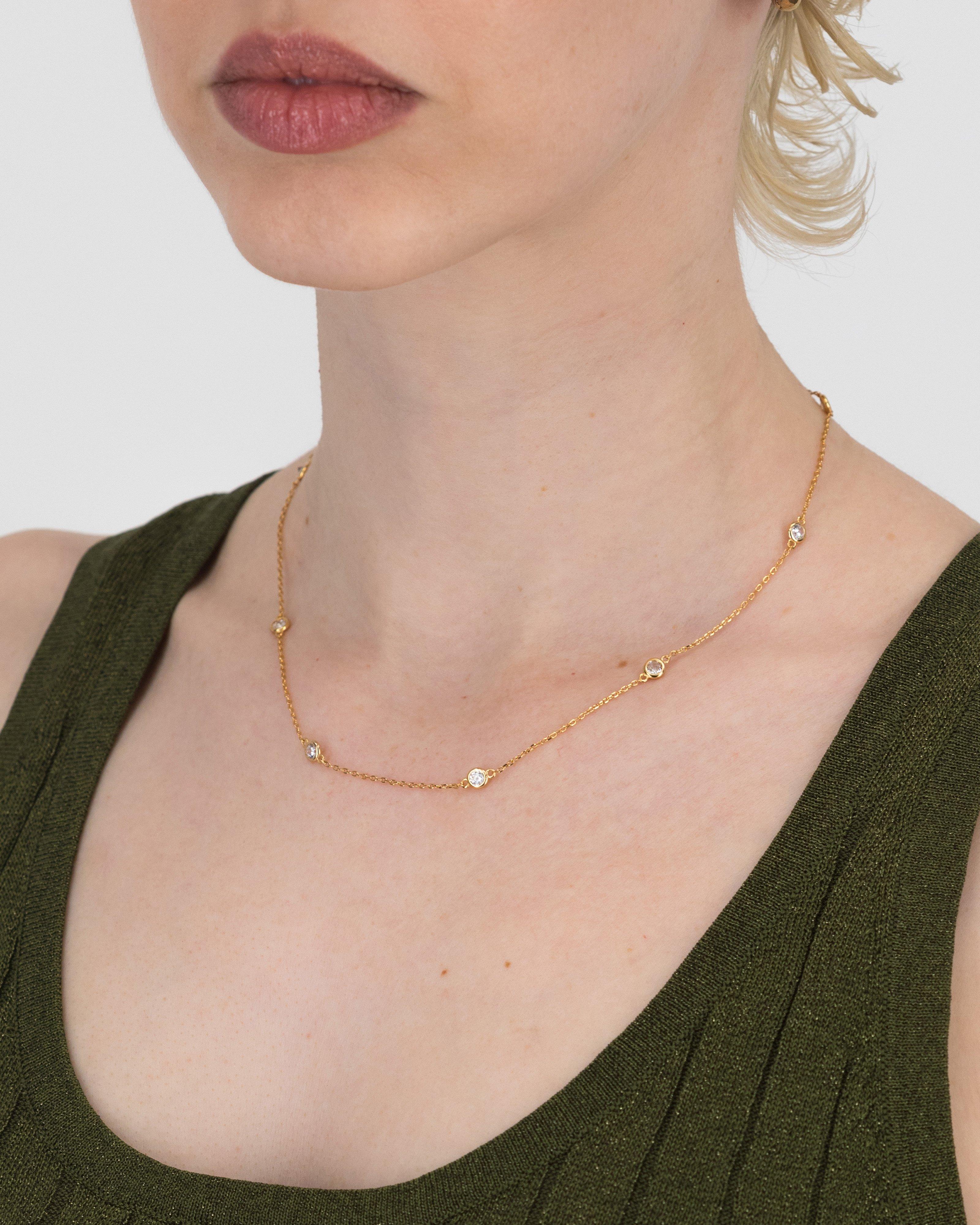 Sterling Silver Scattered Stone Necklace -  Gold