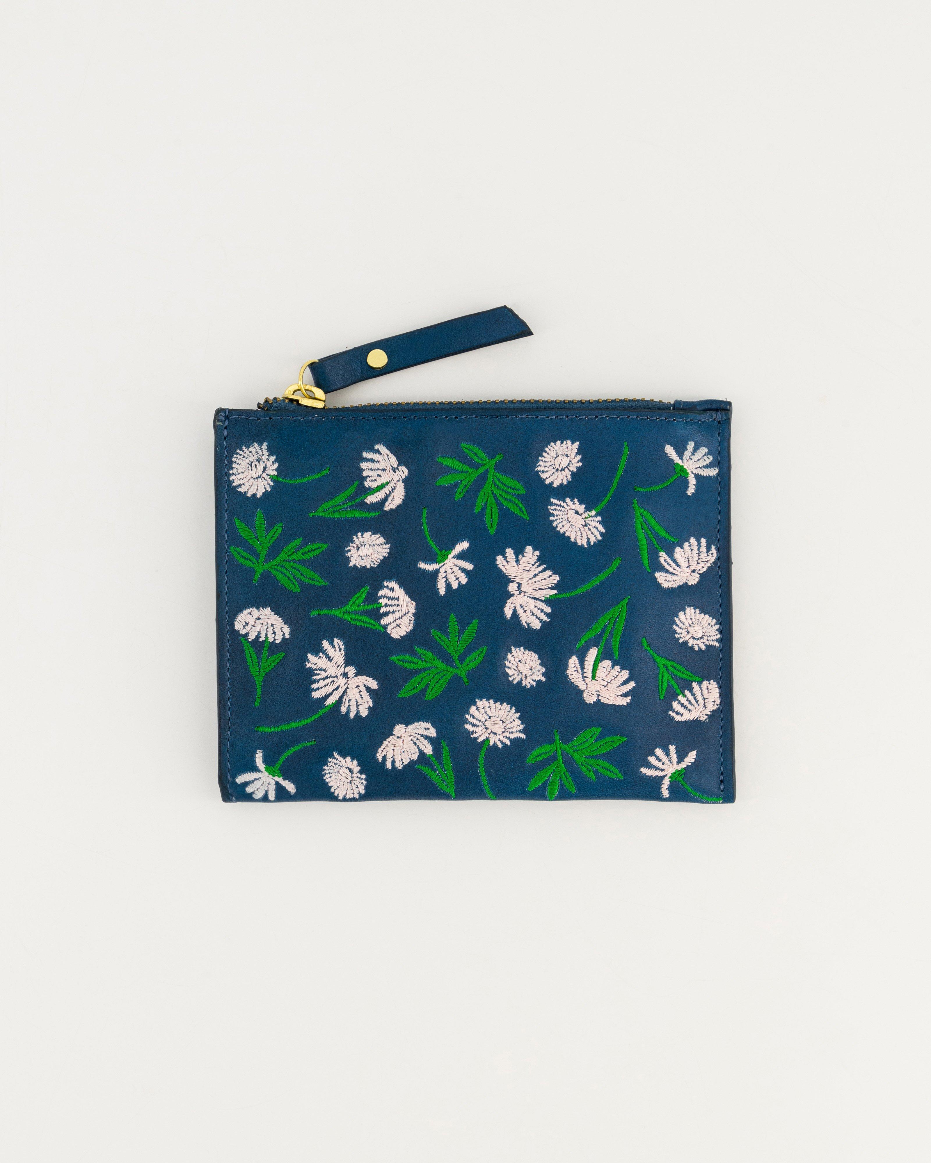 Marrian Embroidered Flower Leather Pouch -  Green