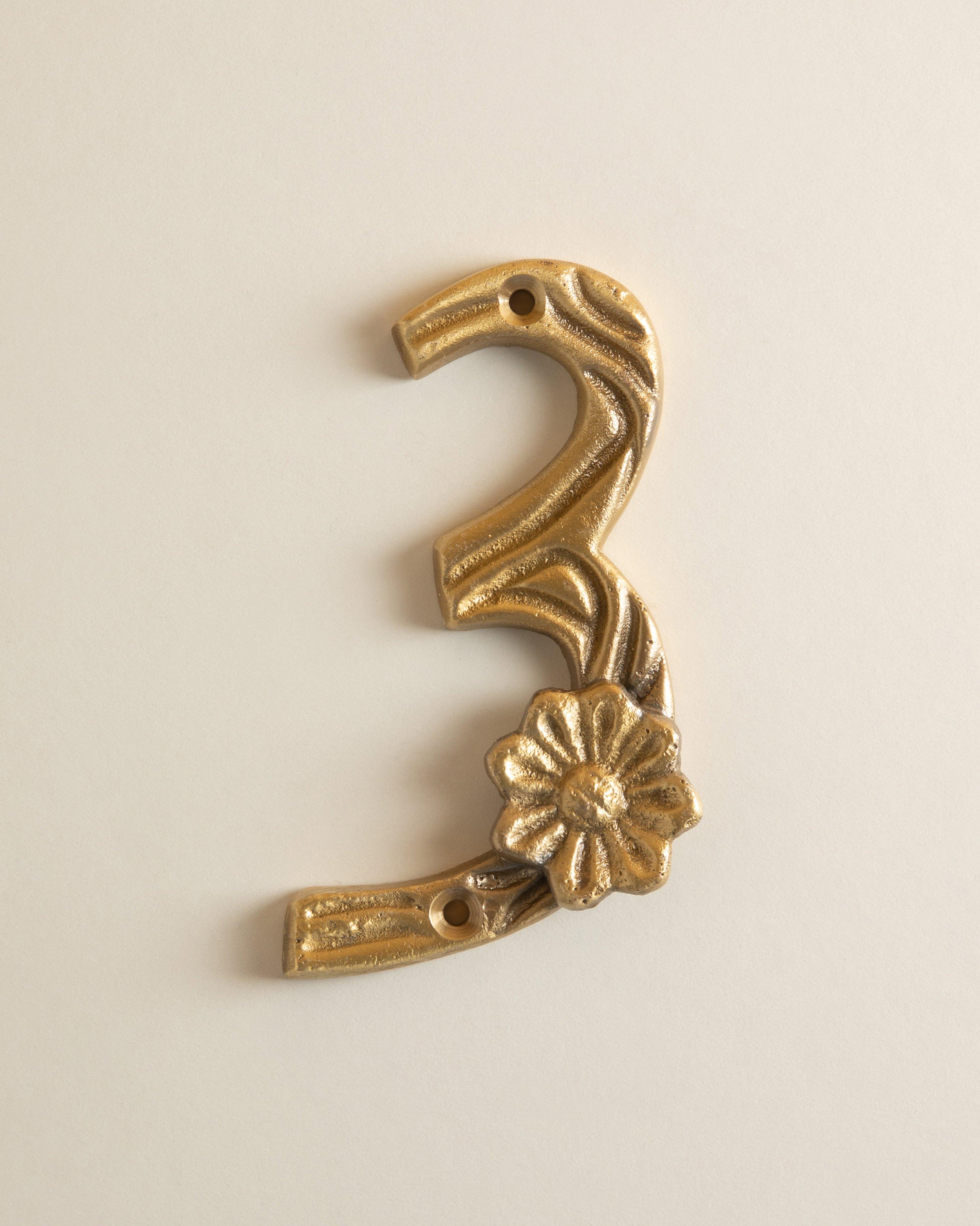 Brass Floral House Number - 3 -  Gold