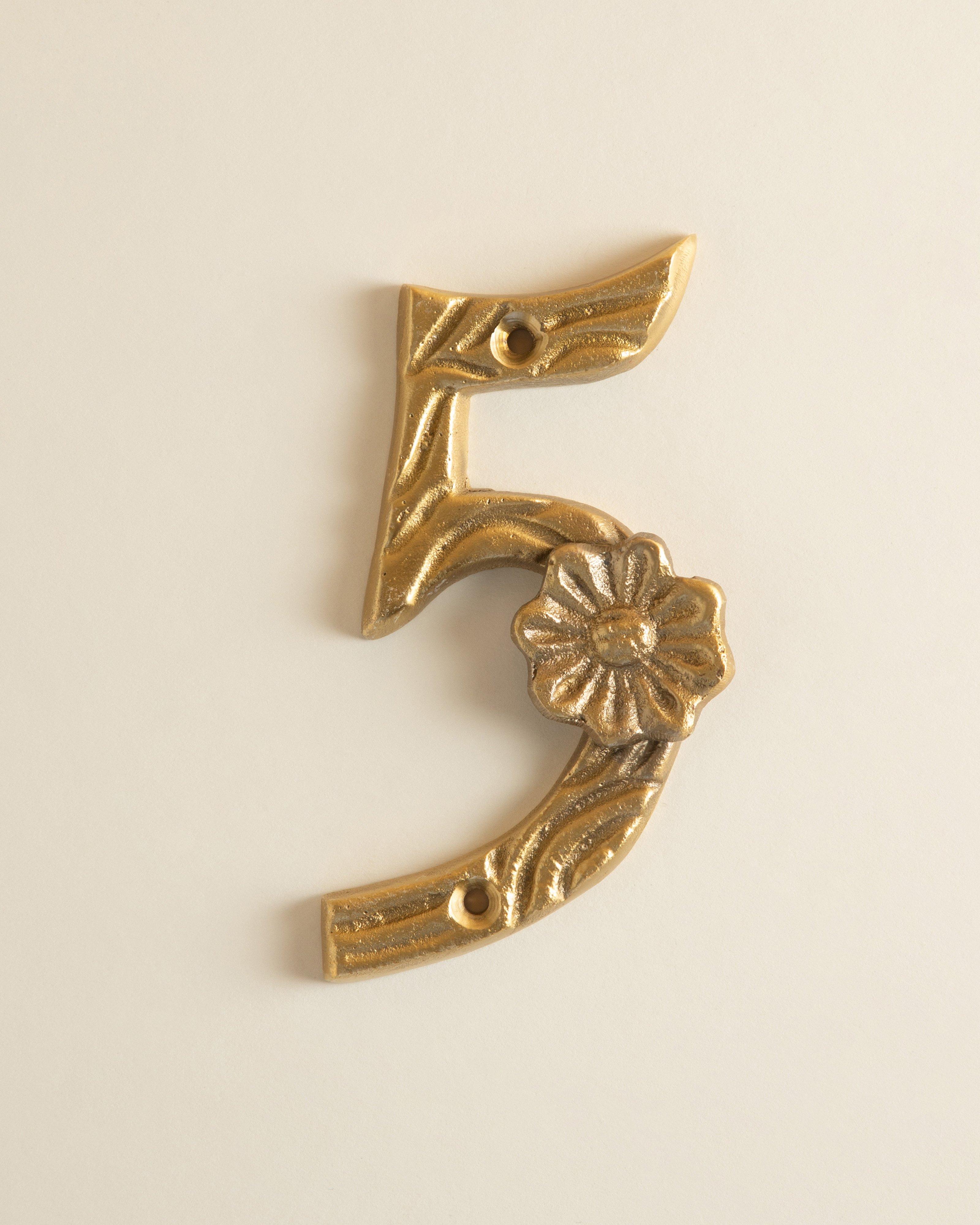 Brass Floral House Number - 5 -  Gold