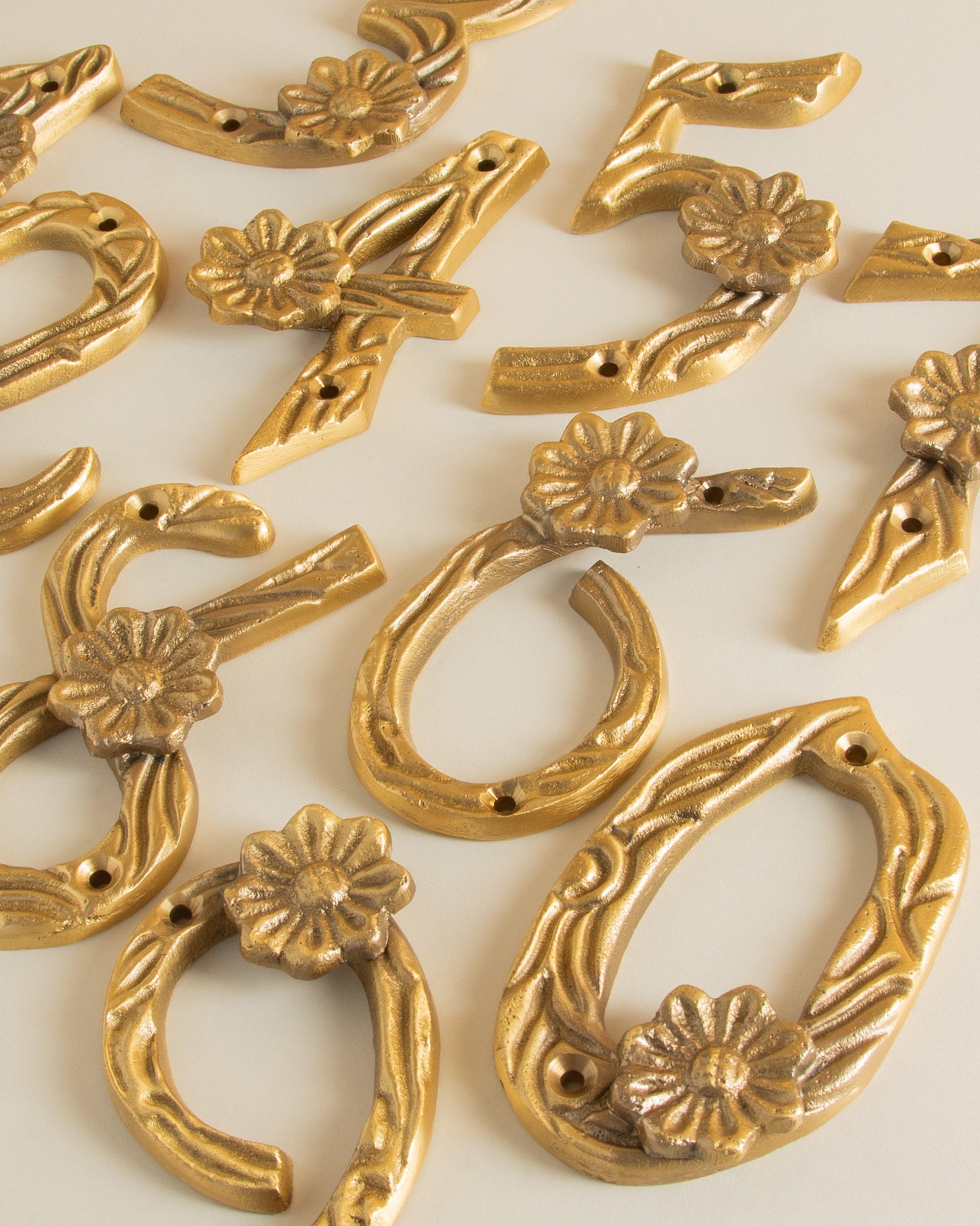 Brass Floral House Number - 5 -  Gold