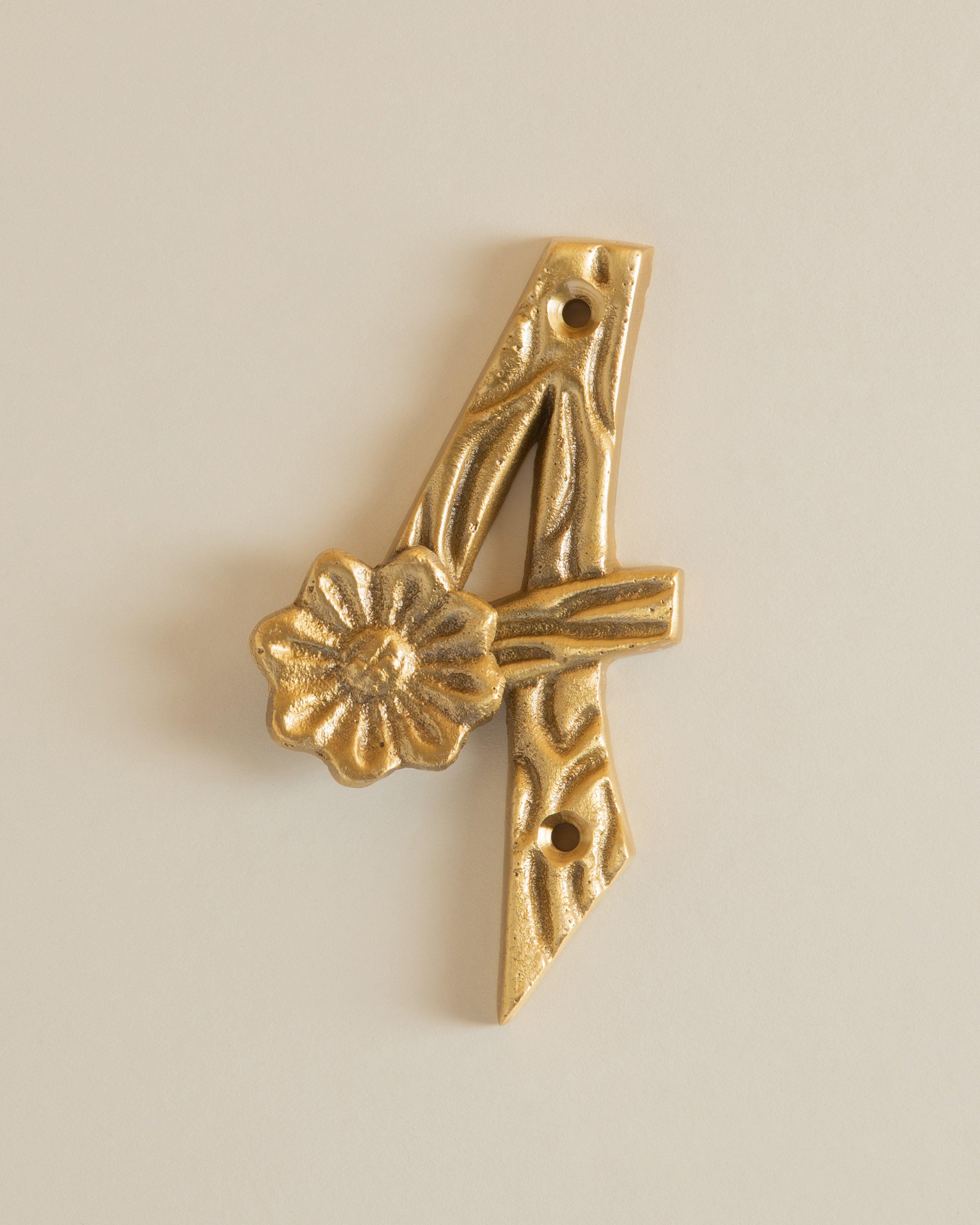 Brass Floral House Number - 4 -  Gold