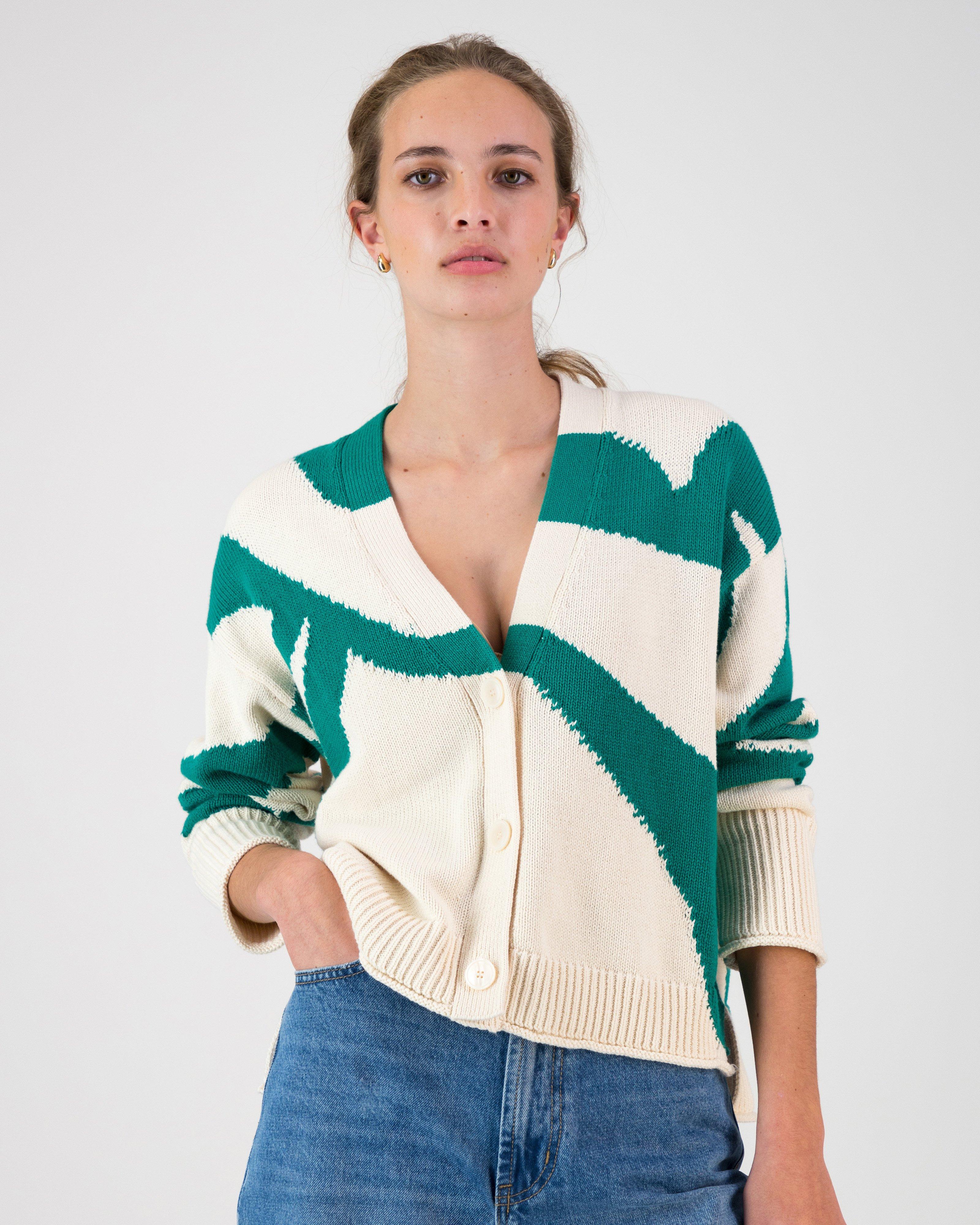 Celia Abstract intersia Knitwear Cardi -  Green