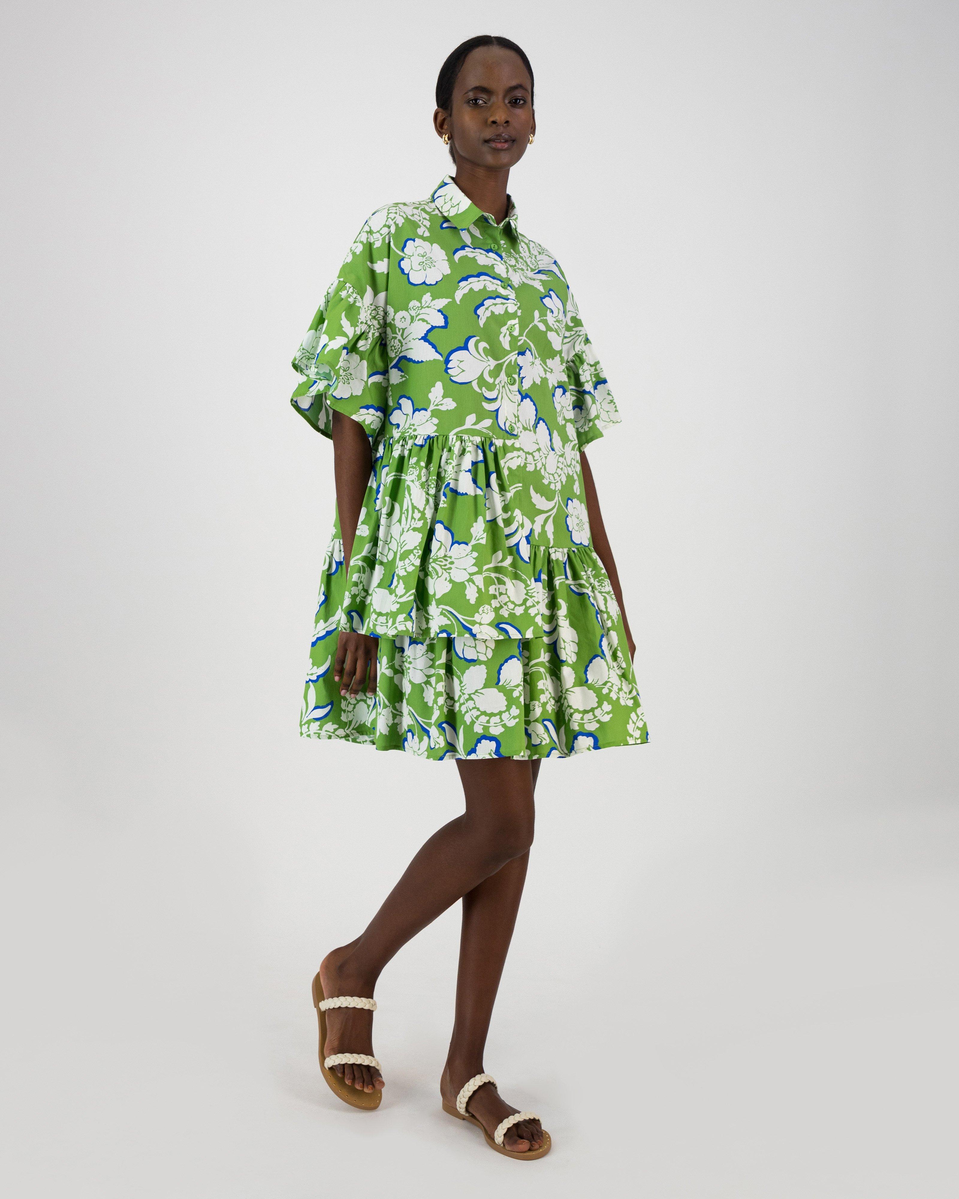 June Tiered Printed Dress -  Green